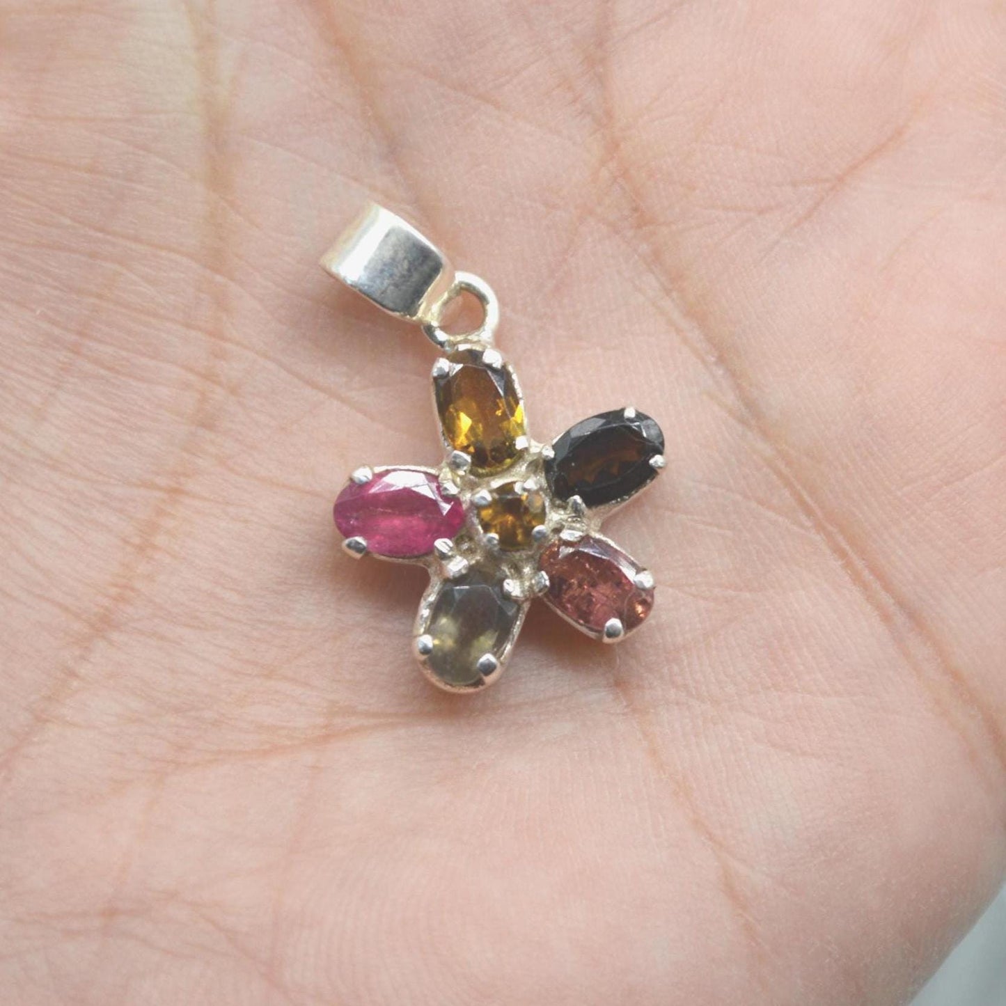 Tourmaline Silver Pendant Necklace: Pink, Green, Yellow Gemstone, October Birthstone