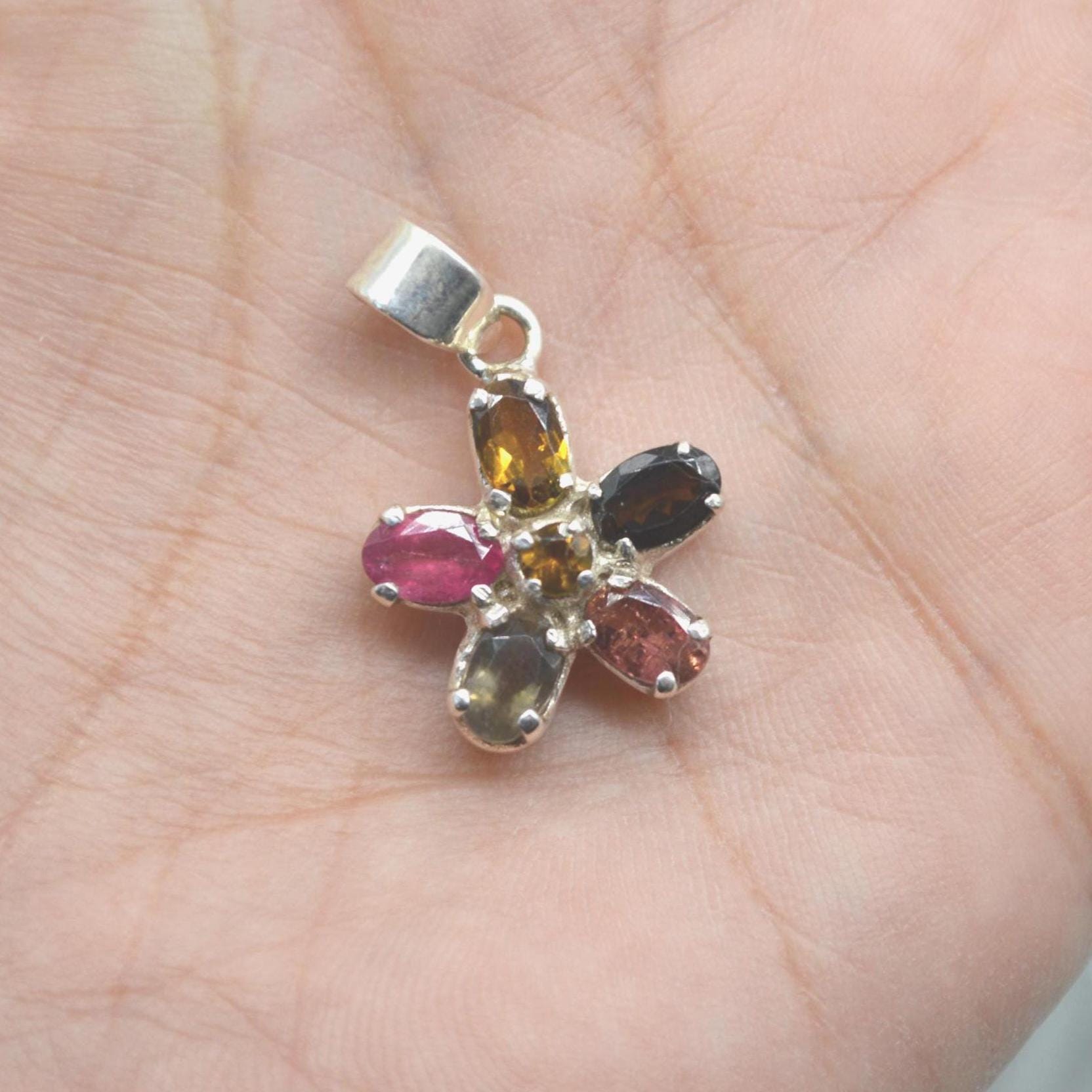 Tourmaline Silver Pendant Necklace: Pink, Green, Yellow Gemstone, October Birthstone