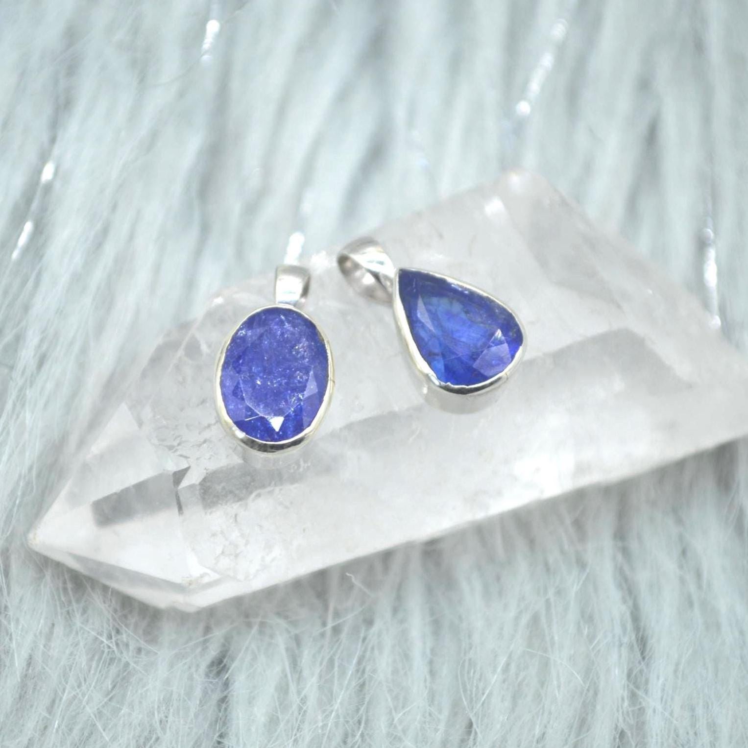 Tanzanite Silver Pendant Necklace: Oval or Teardrop, Blue Gemstone, December Birthstone