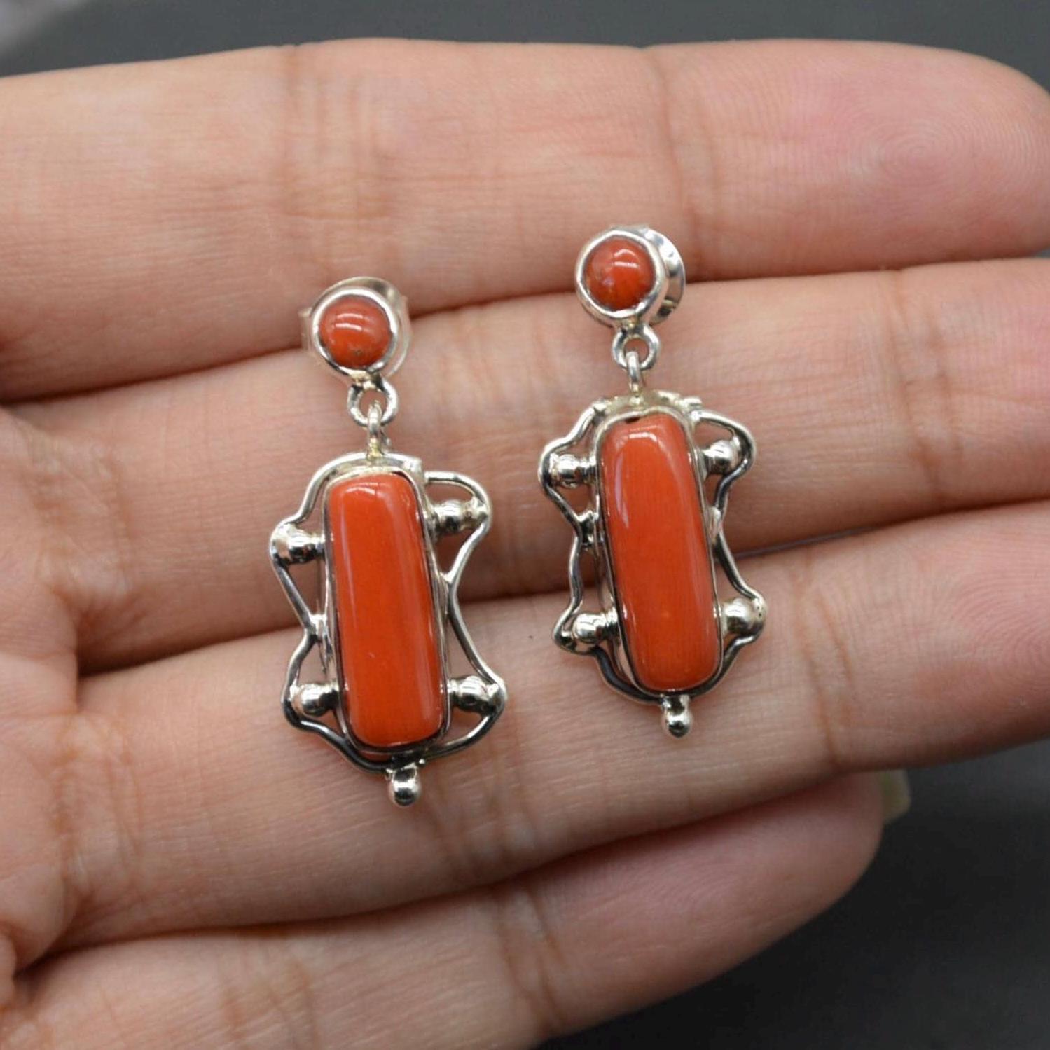 Red Coral Sterling Silver Earrings: Rectangle Drop
