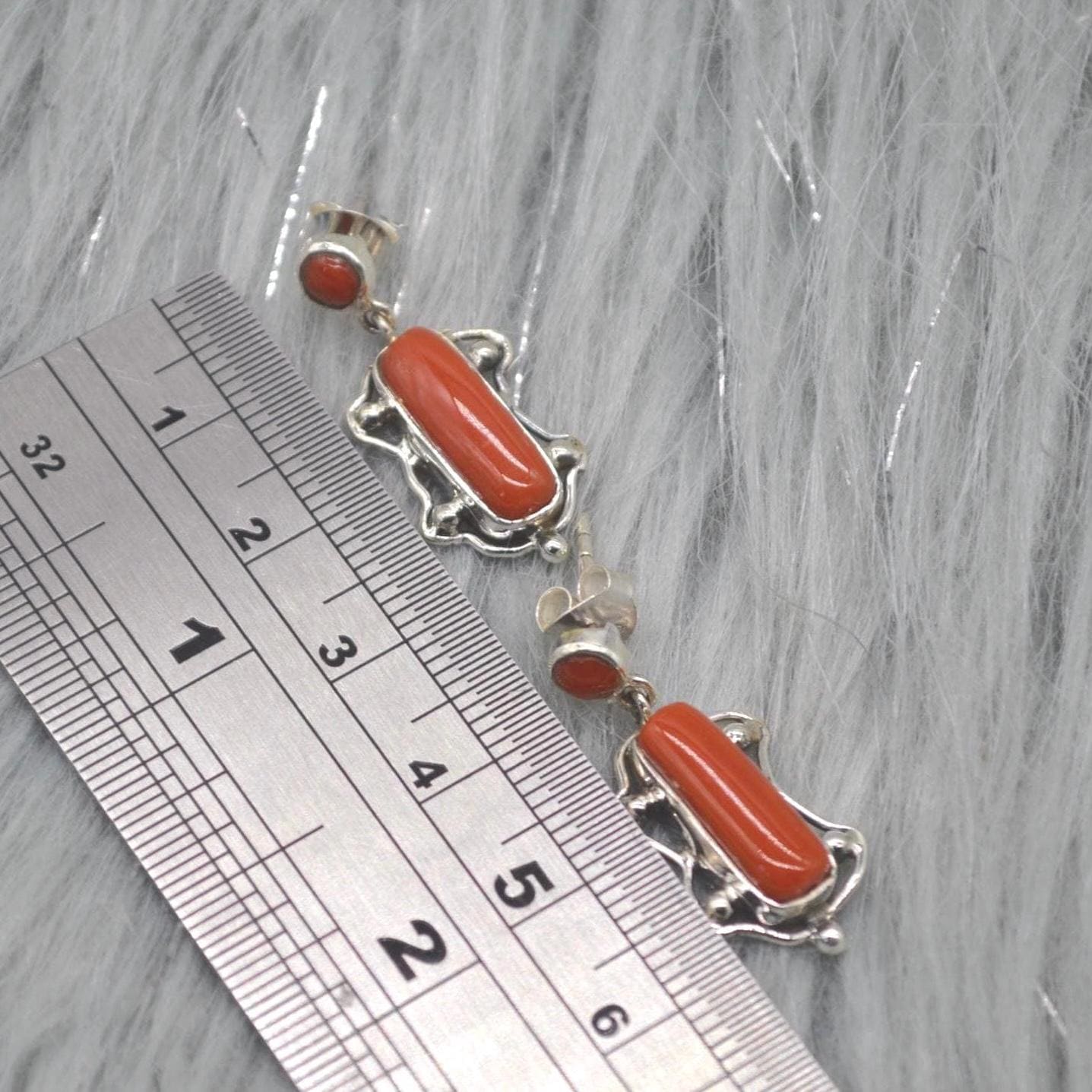 Red Coral Sterling Silver Earrings: Rectangle Drop