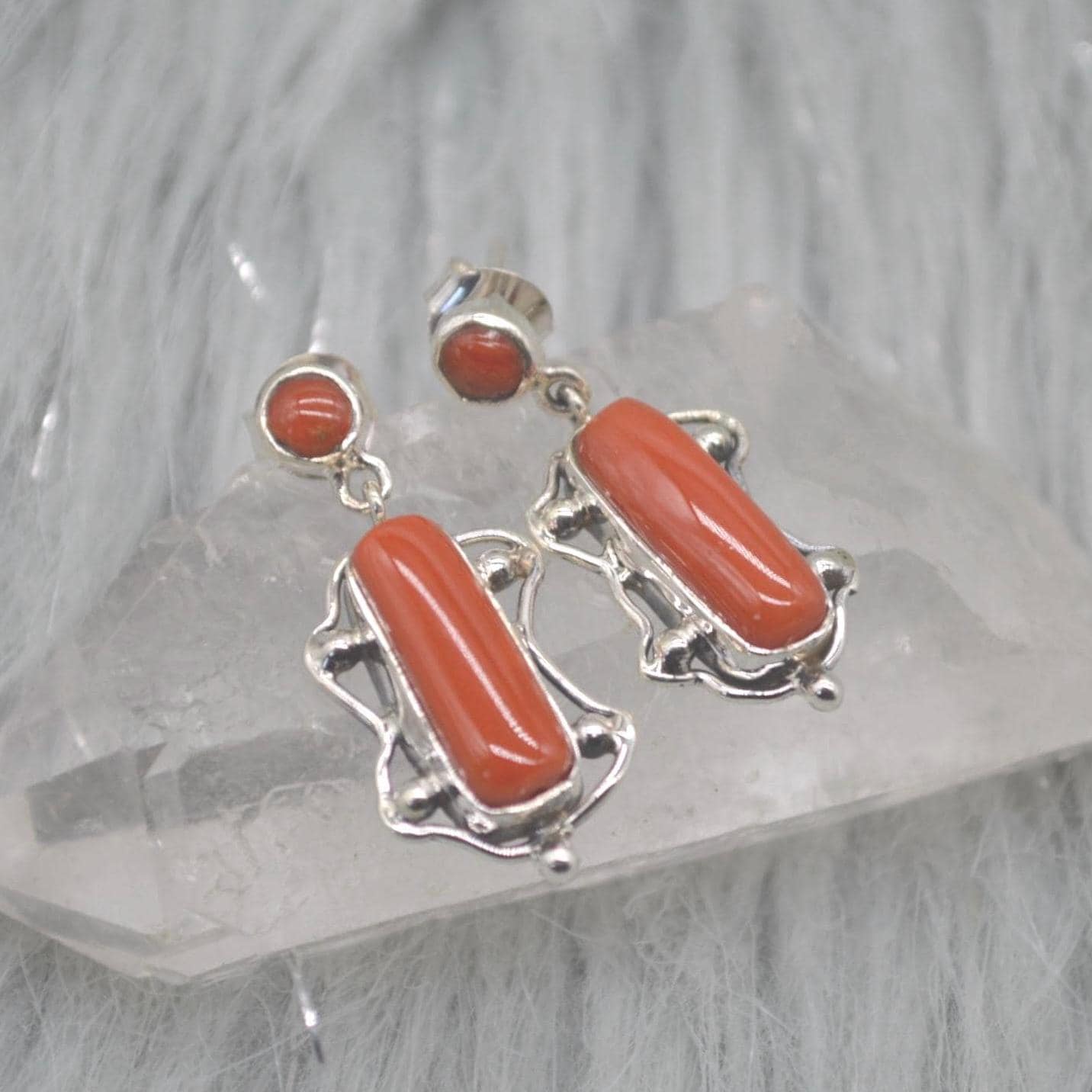 Red Coral Sterling Silver Earrings: Rectangle Drop