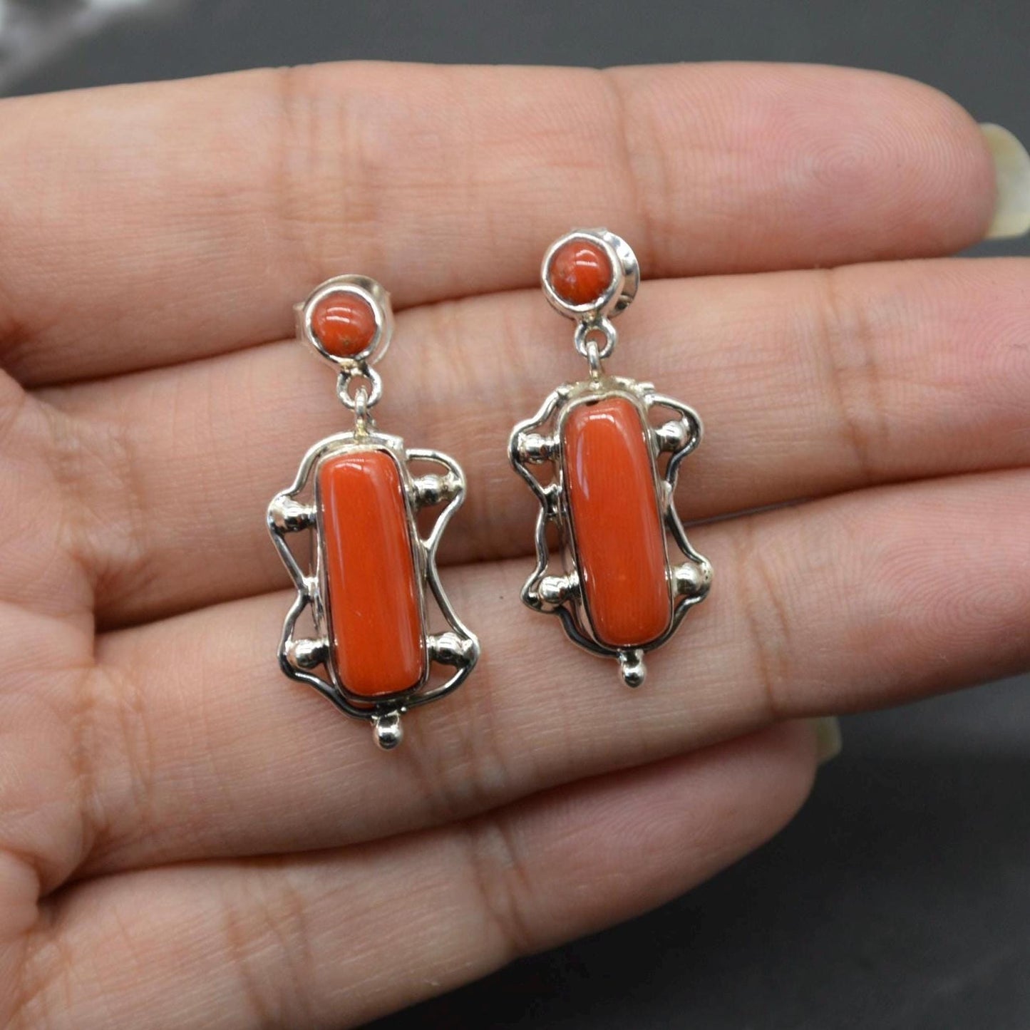 Red Coral Sterling Silver Earrings: Rectangle Drop