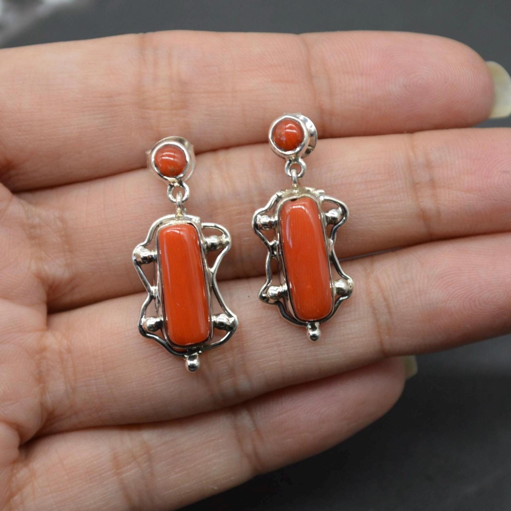 Red Coral Sterling Silver Earrings: Rectangle Drop