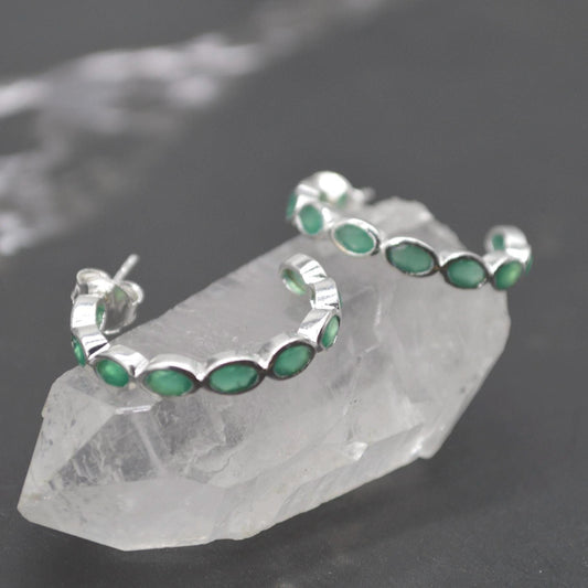 Green Onyx Hoop Earrings: Sterling Silver