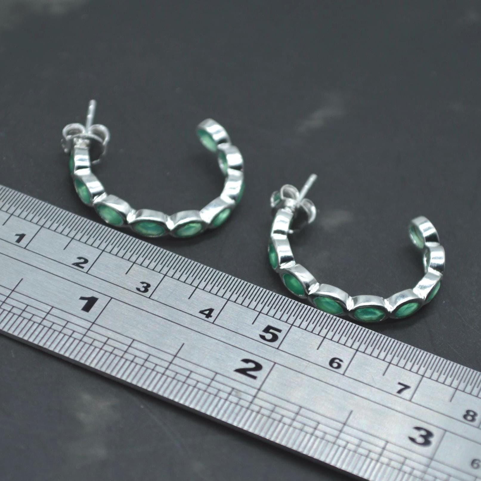 Green Onyx Hoop Earrings: Sterling Silver