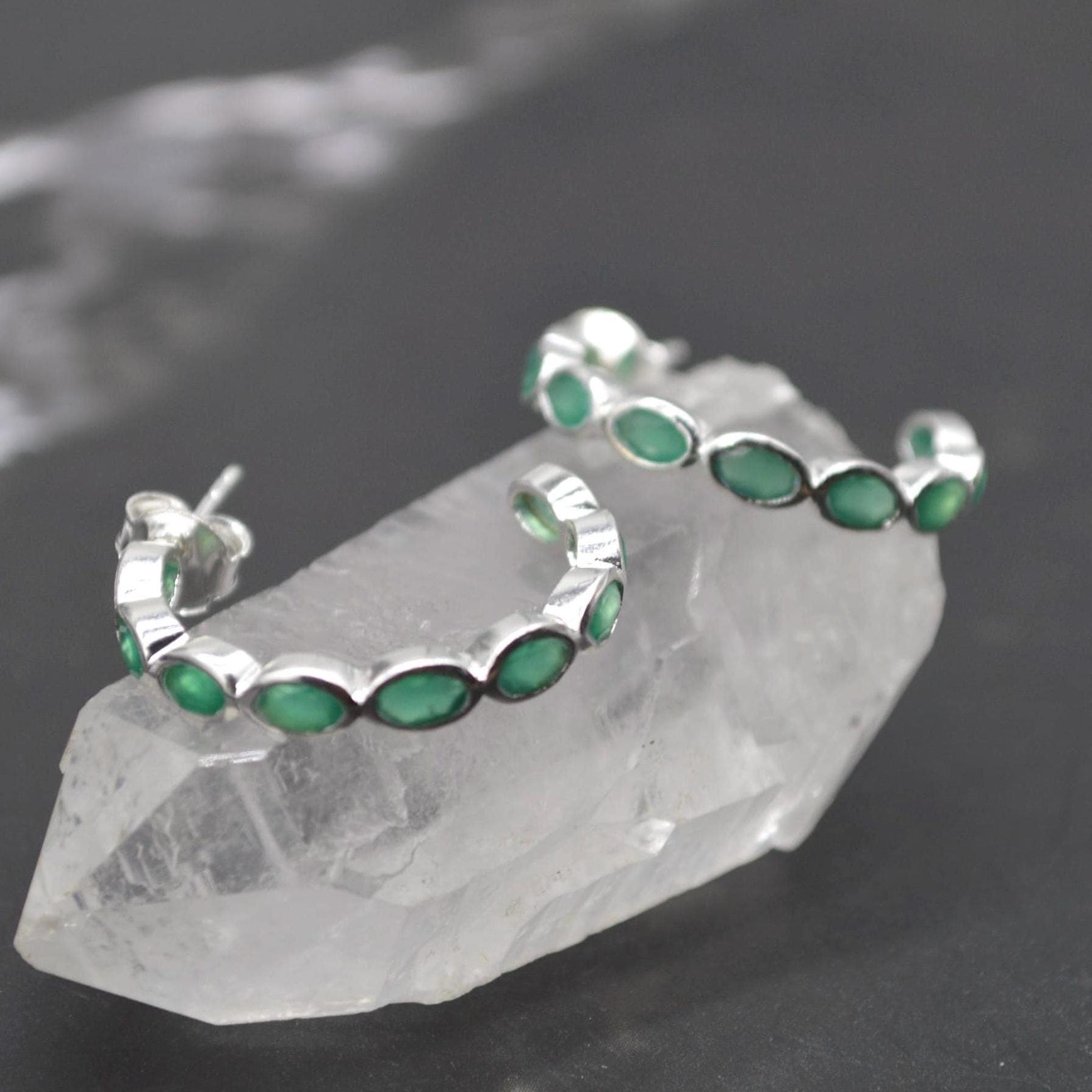 Green Onyx Hoop Earrings: Sterling Silver