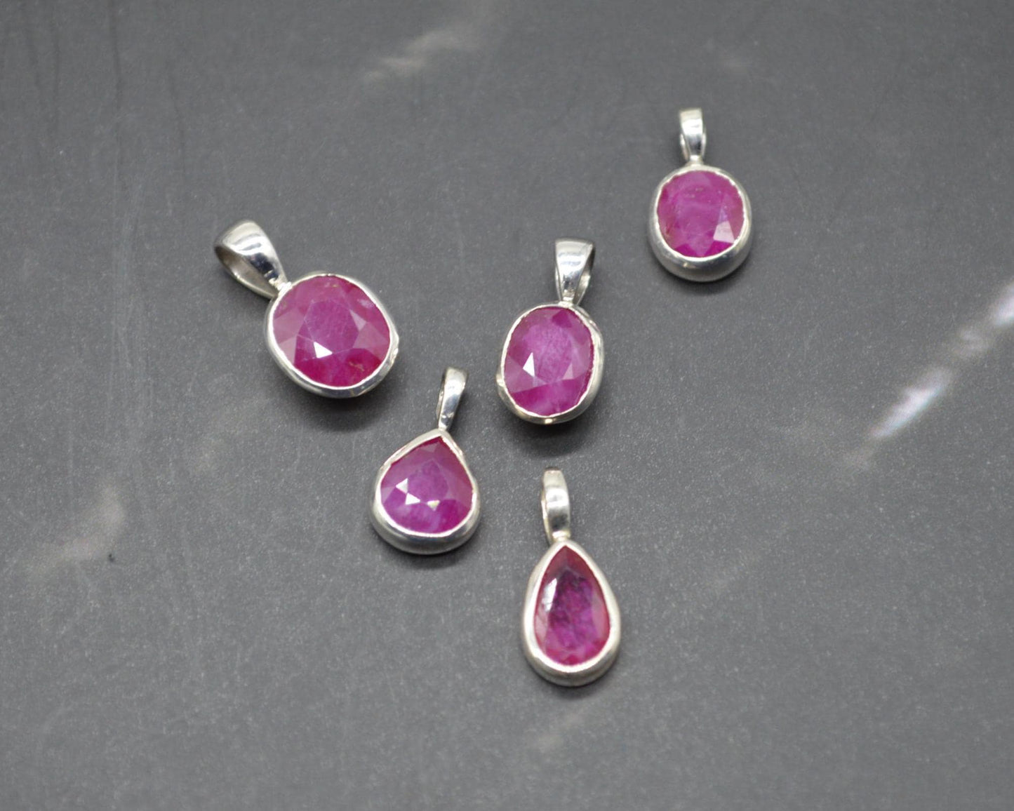 Sterling Silver Ruby Pendant: July Birthstone, Chain Necklace, Red Gemstone, Oval or Teardrop