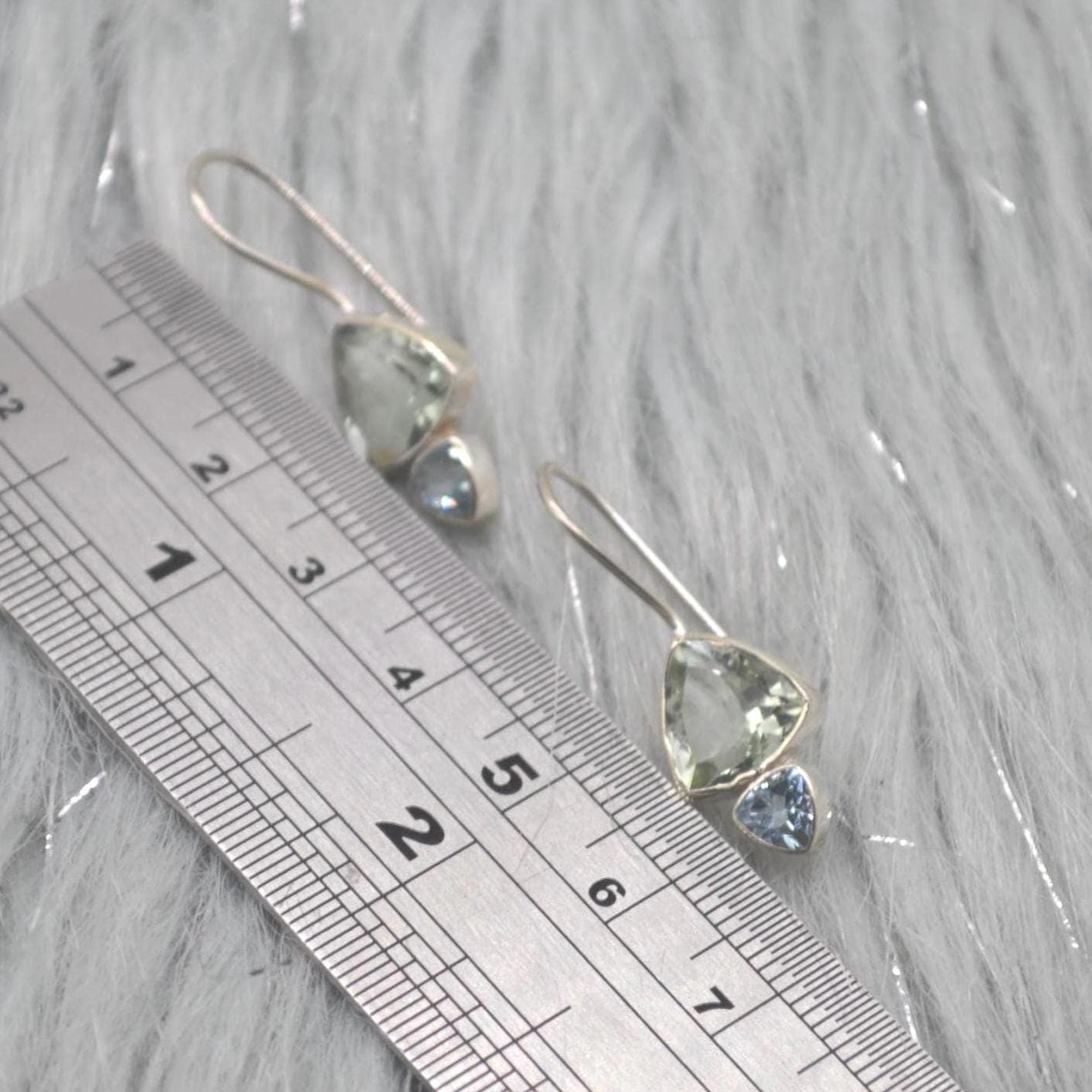 Green Amethyst, Blue Topaz Earrings: Sterling Silver Dangle Drop, February, December Birthstone