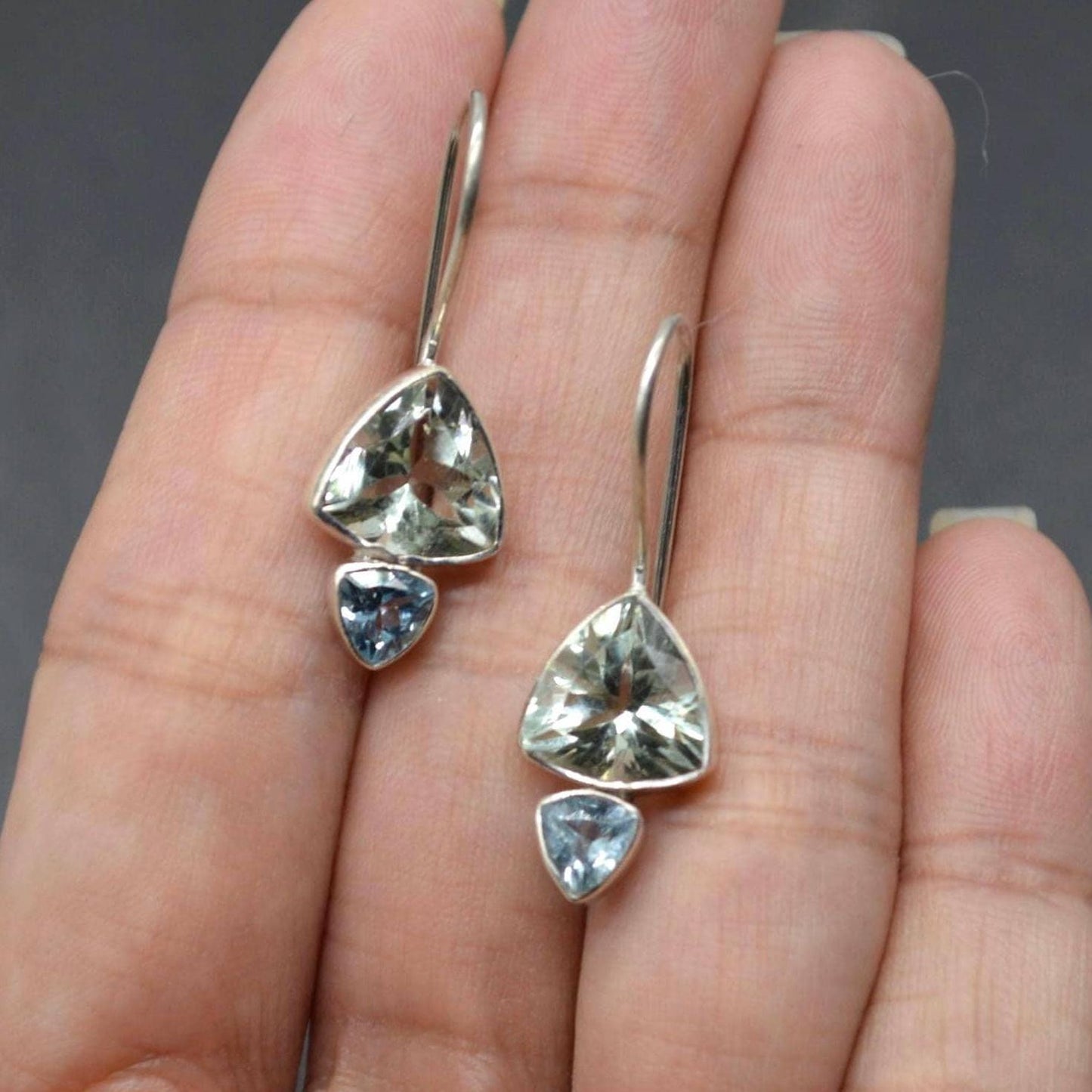 Green Amethyst, Blue Topaz Earrings: Sterling Silver Dangle Drop, February, December Birthstone