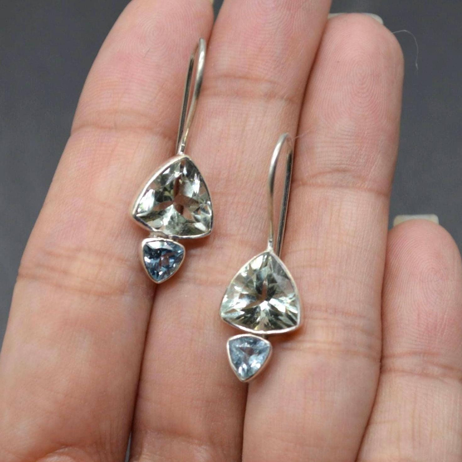 Green Amethyst, Blue Topaz Earrings: Sterling Silver Dangle Drop, February, December Birthstone