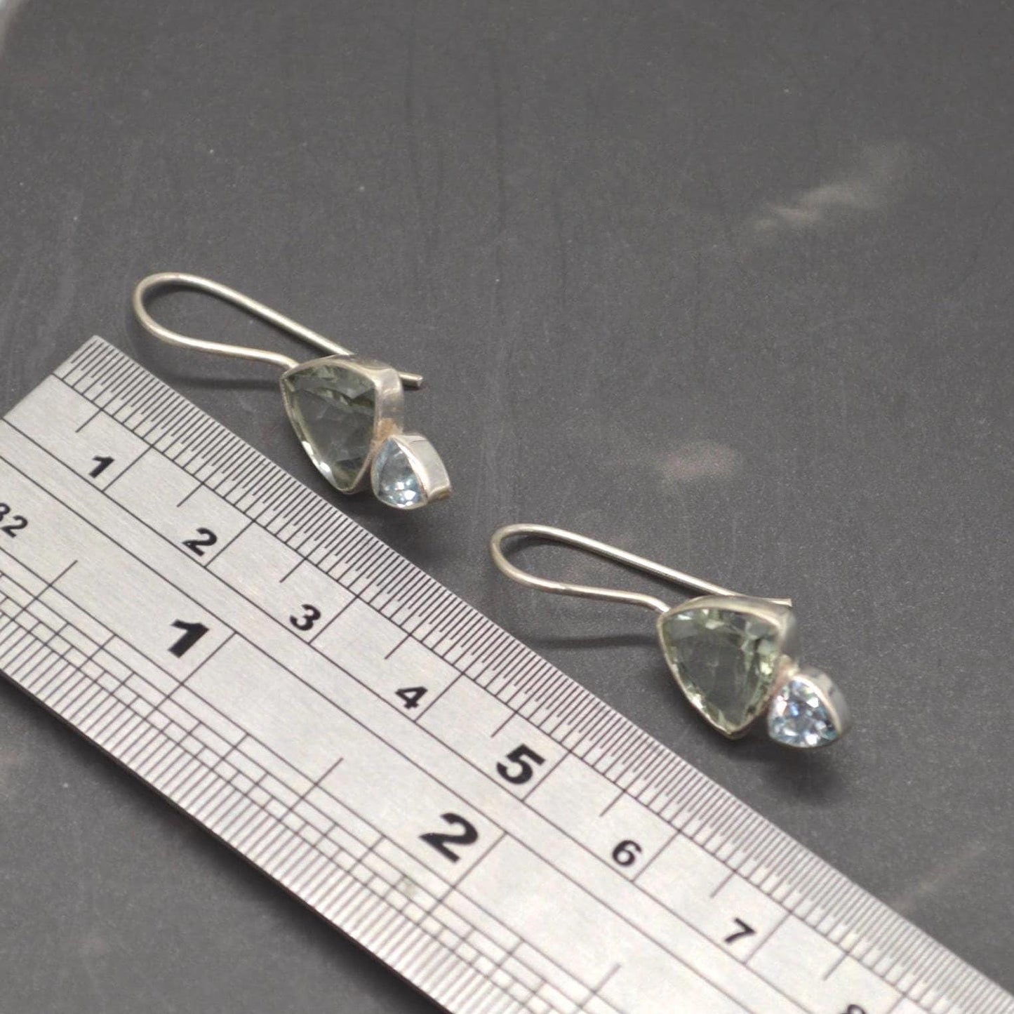Green Amethyst, Blue Topaz Earrings: Sterling Silver Dangle Drop, February, December Birthstone