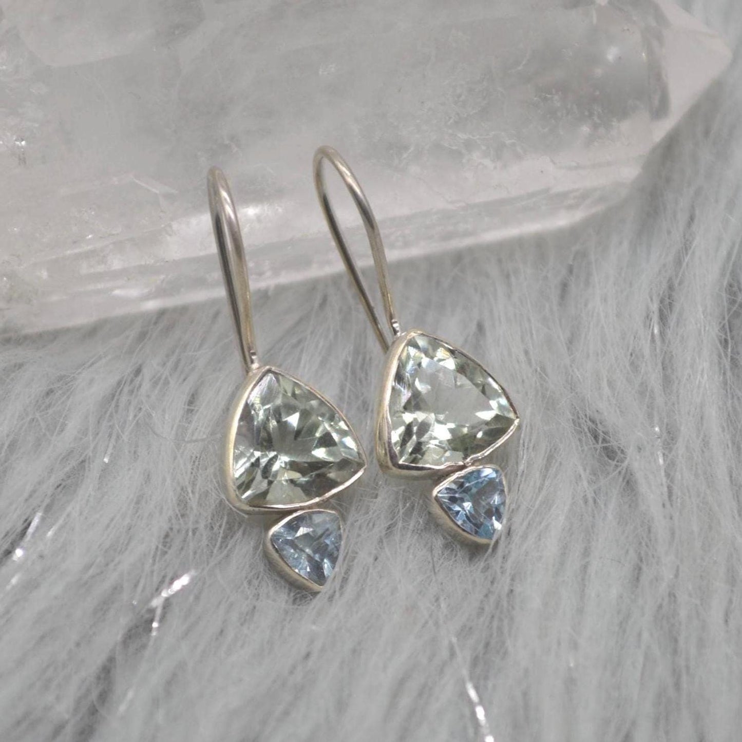 Green Amethyst, Blue Topaz Earrings: Sterling Silver Dangle Drop, February, December Birthstone