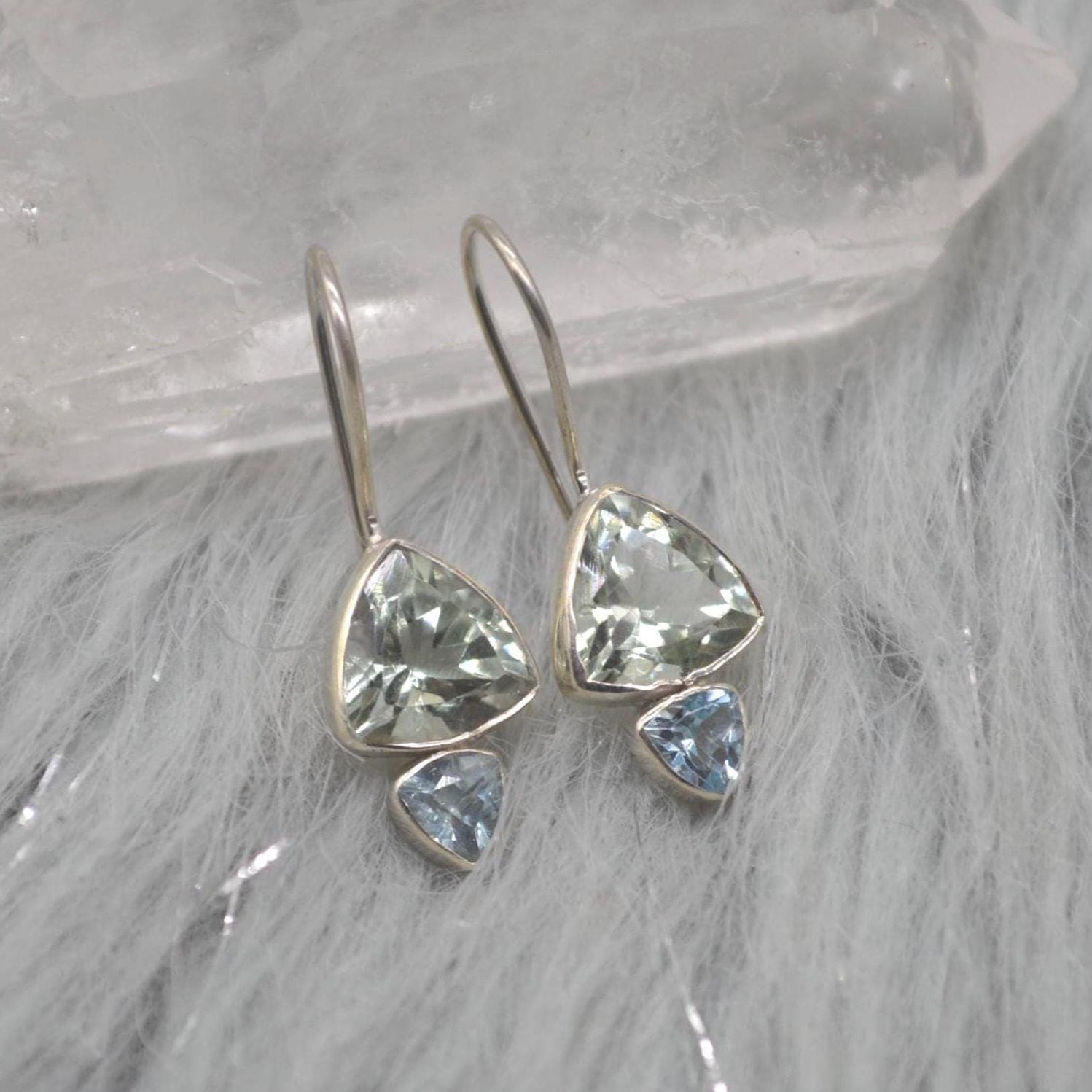 Green Amethyst, Blue Topaz Earrings: Sterling Silver Dangle Drop, February, December Birthstone