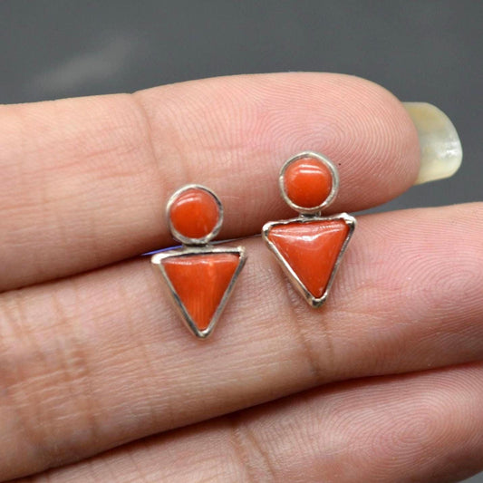 Red Coral Silver Stud Earrings: Dainty Gemstone Jewelry, Minimalist Sterling Silver Drop
