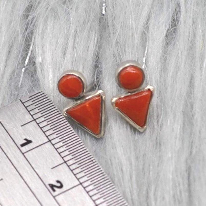 Red Coral Silver Stud Earrings: Dainty Gemstone Jewelry, Minimalist Sterling Silver Drop