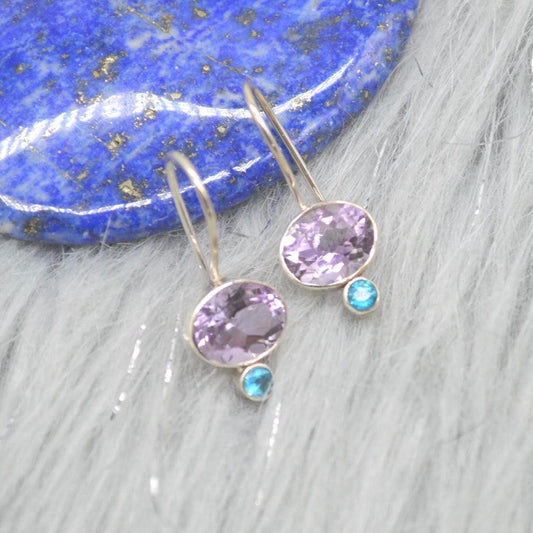 Amethyst Apatite Sterling Silver Earrings: Dangle Drop, February Birthstone