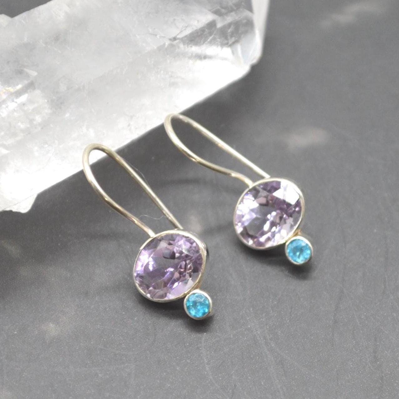 Amethyst Apatite Sterling Silver Earrings: Dangle Drop, February Birthstone