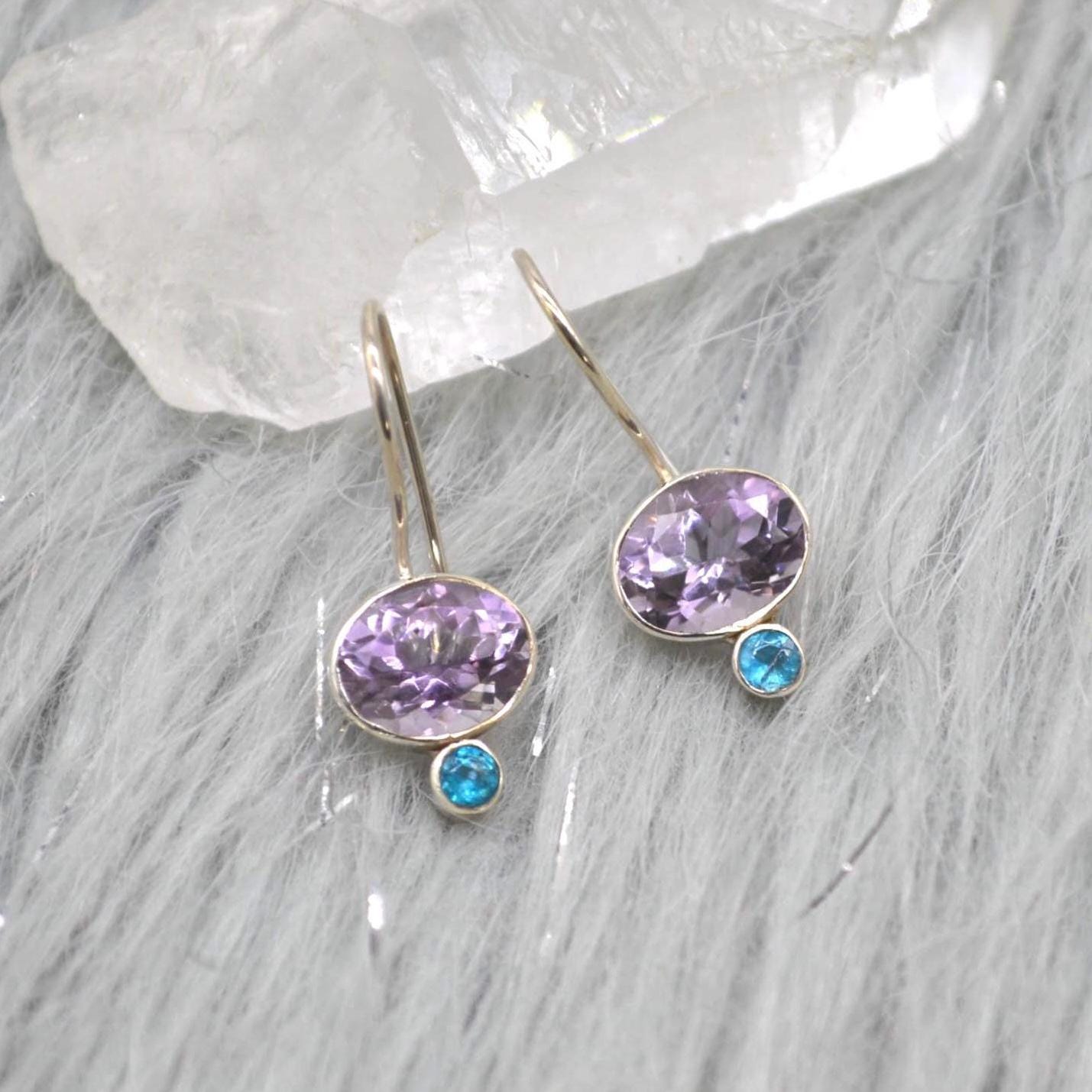 Amethyst Apatite Sterling Silver Earrings: Dangle Drop, February Birthstone