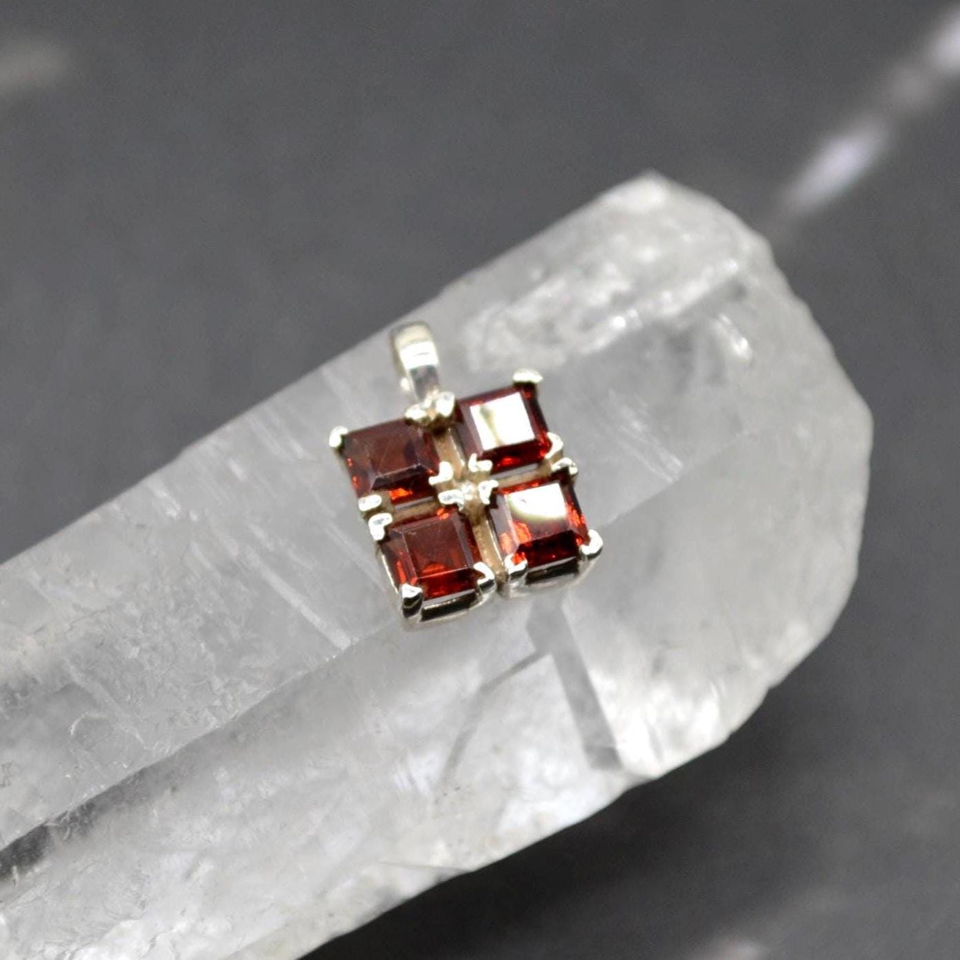 Red Garnet Square Pendant Necklace: Sterling Silver