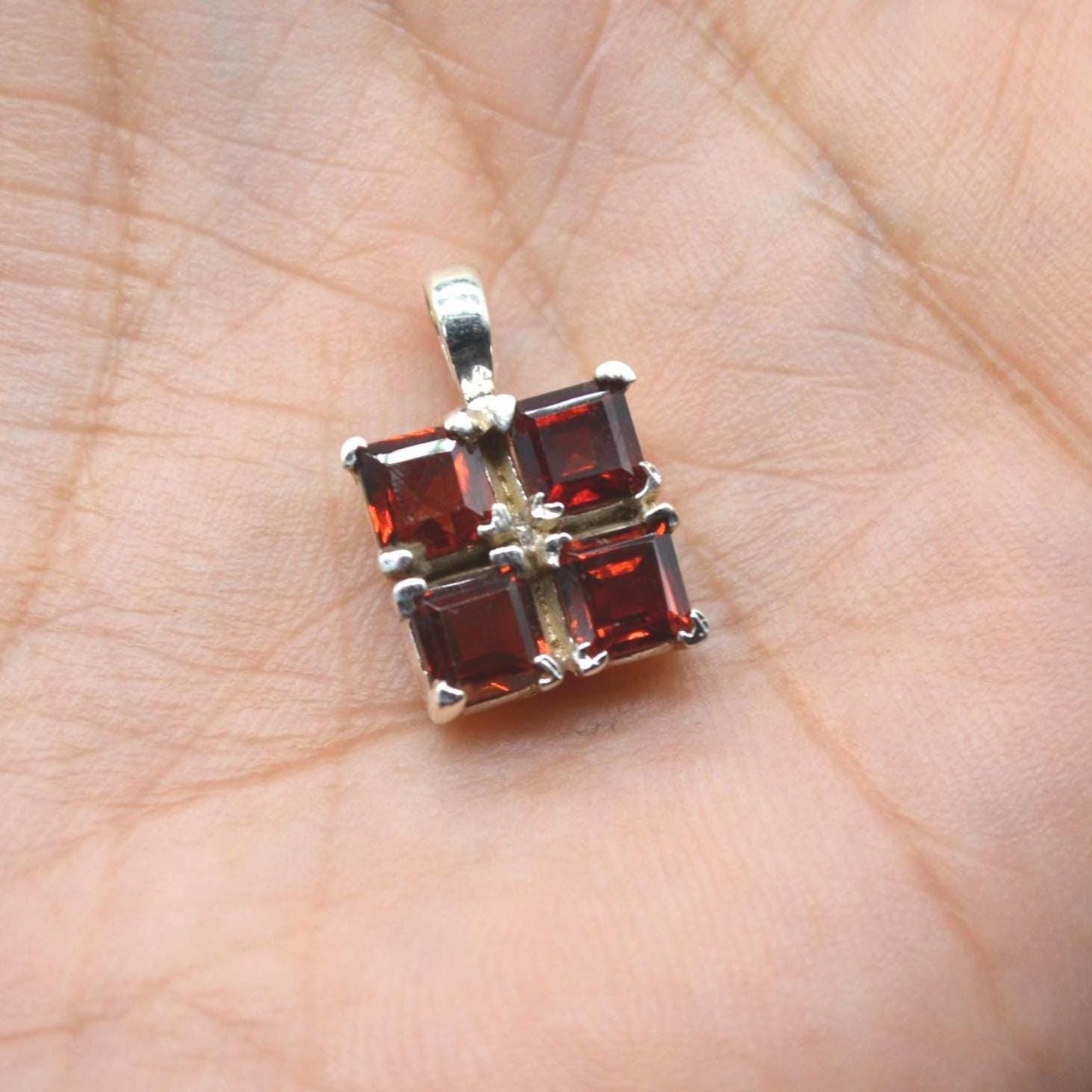 Red Garnet Square Pendant Necklace: Sterling Silver