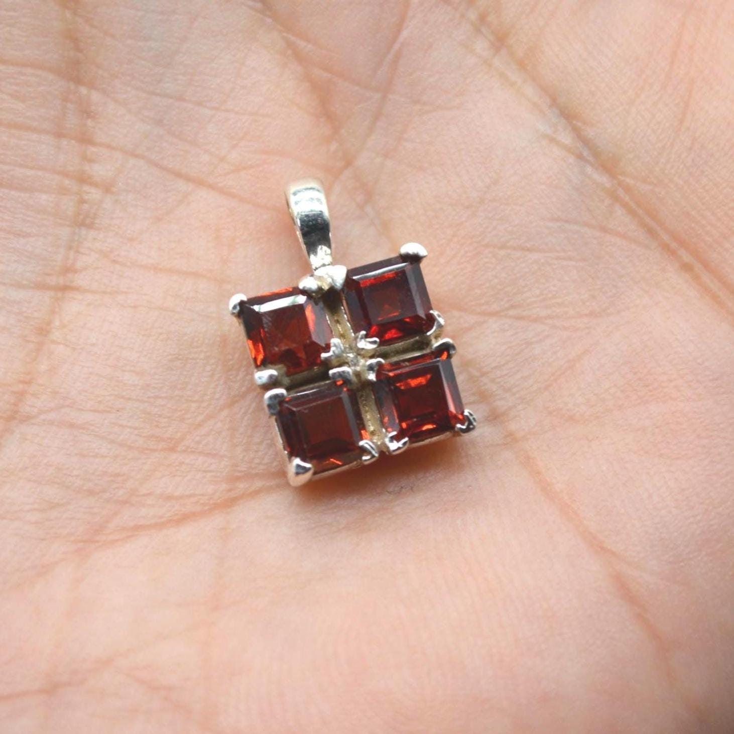 Red Garnet Square Pendant Necklace: Sterling Silver