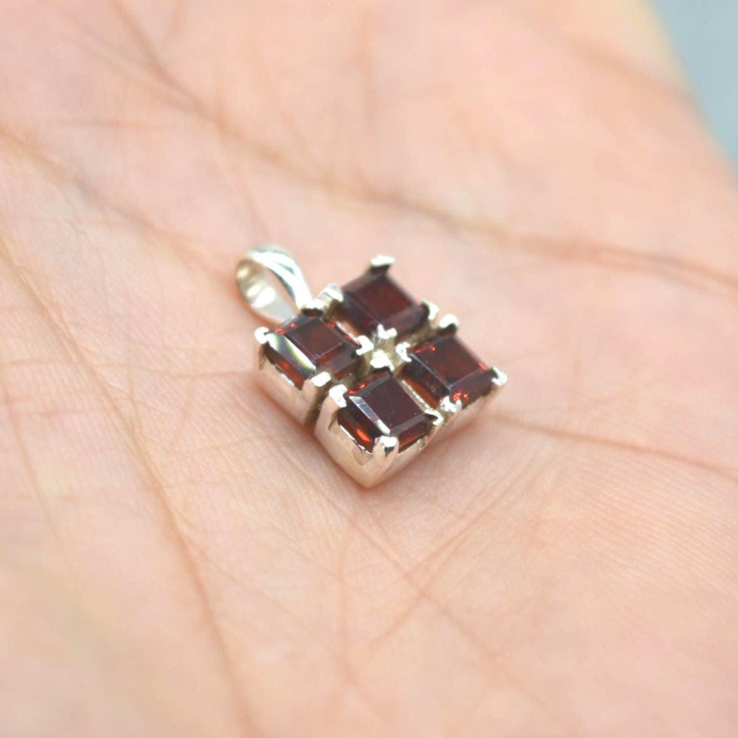 Red Garnet Square Pendant Necklace: Sterling Silver