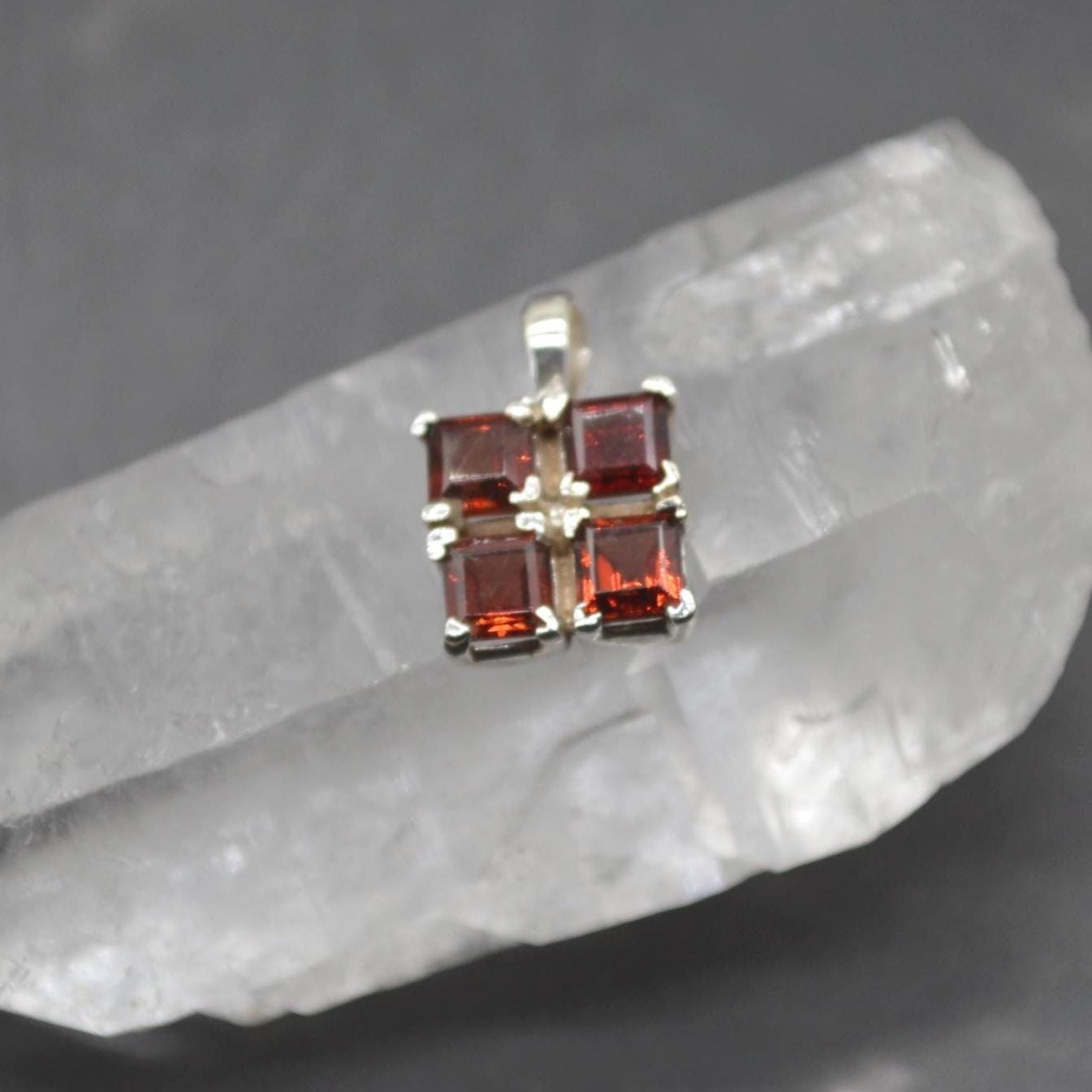 Red Garnet Square Pendant Necklace: Sterling Silver