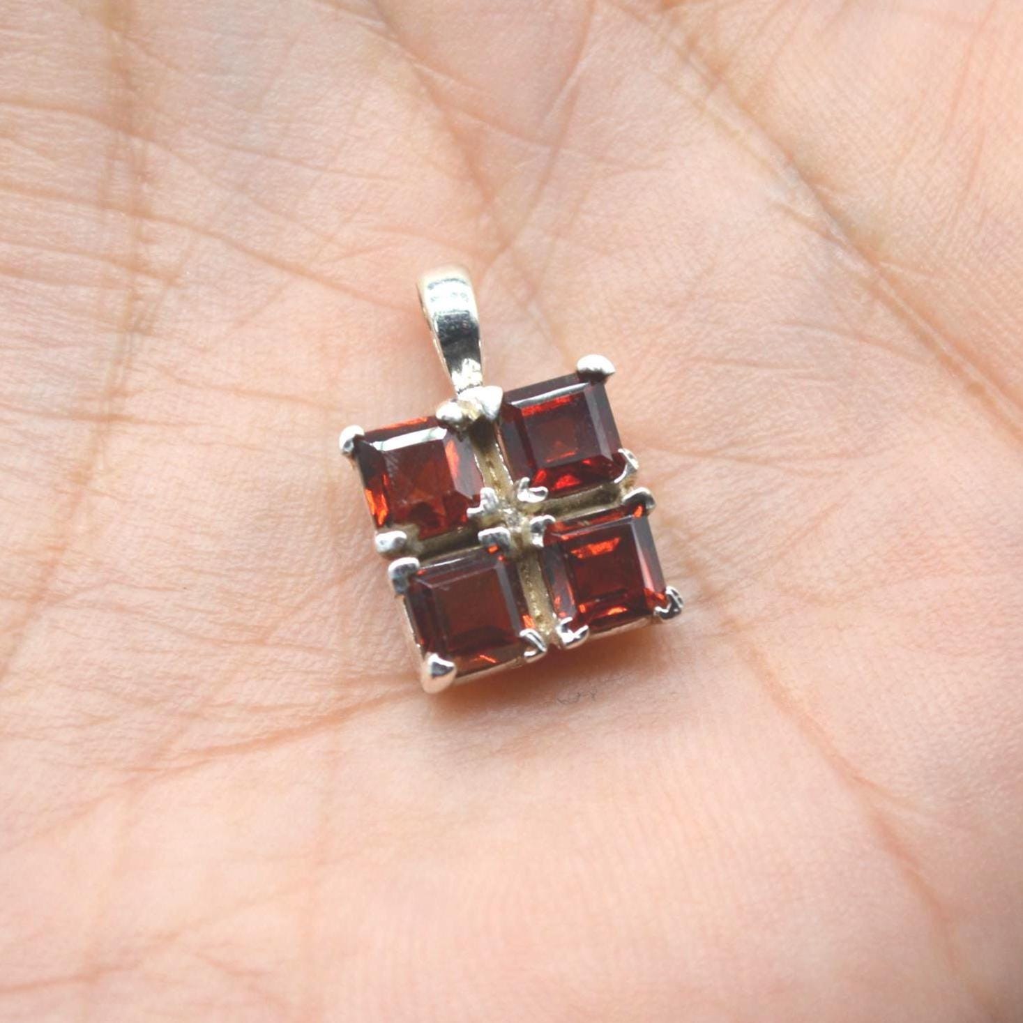 Red Garnet Square Pendant Necklace: Sterling Silver