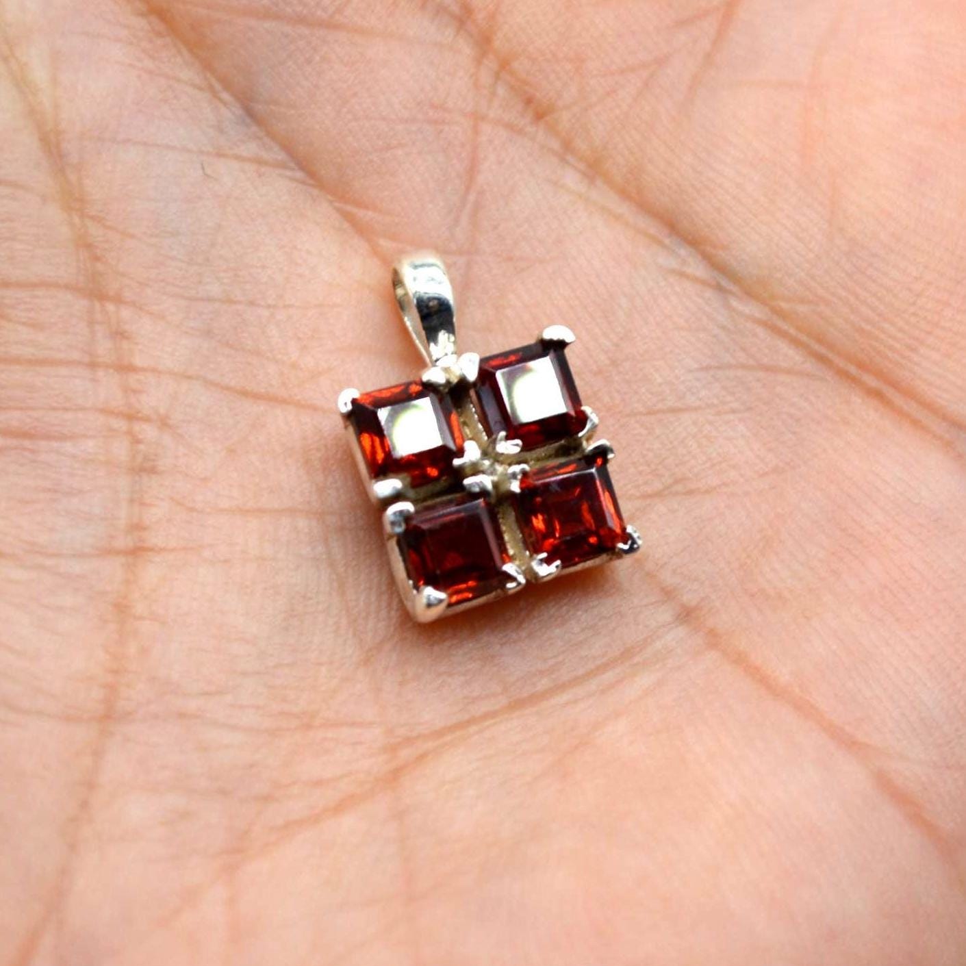 Red Garnet Square Pendant Necklace: Sterling Silver