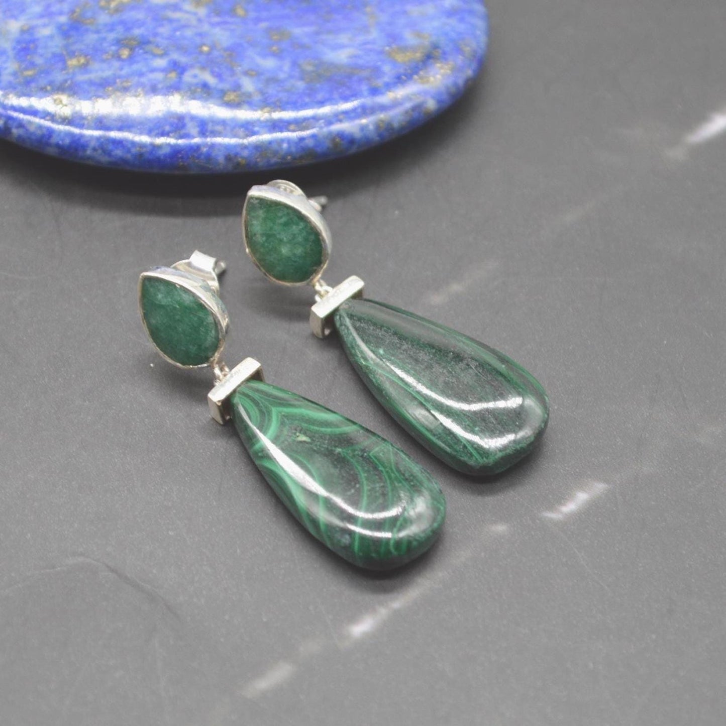Green Onyx, Malachite Earrings: Sterling Silver, Green Gemstone Drop