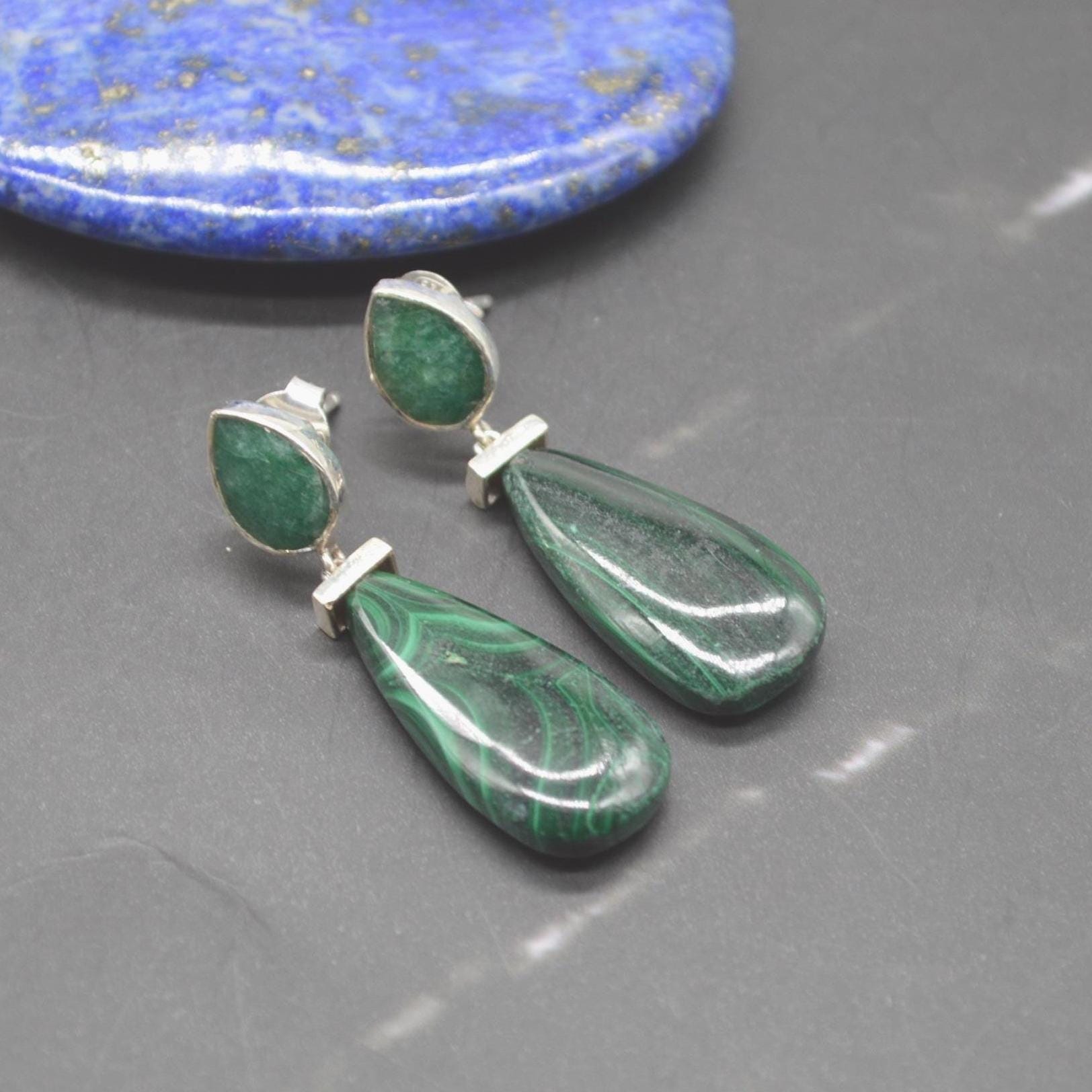 Green Onyx, Malachite Earrings: Sterling Silver, Green Gemstone Drop