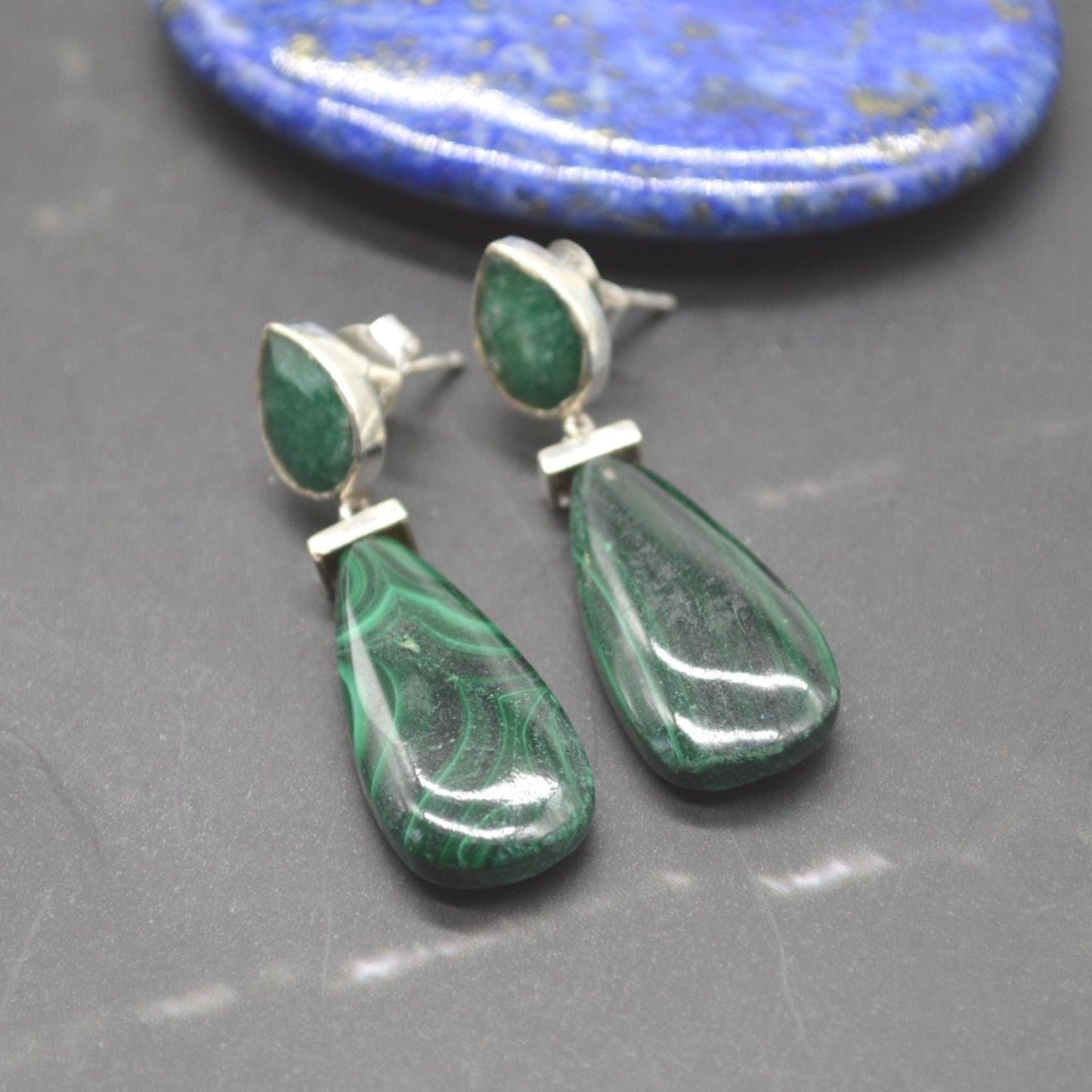 Green Onyx, Malachite Earrings: Sterling Silver, Green Gemstone Drop