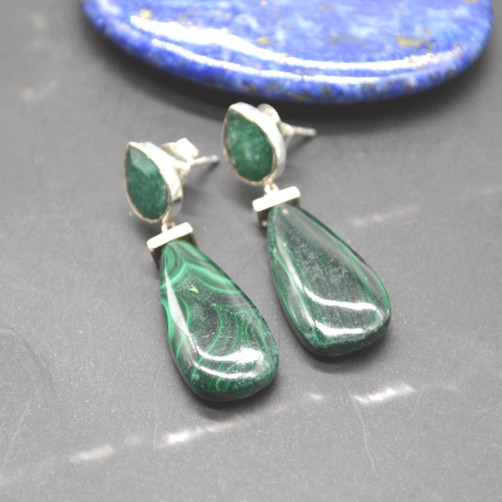 Green Onyx, Malachite Earrings: Sterling Silver, Green Gemstone Drop