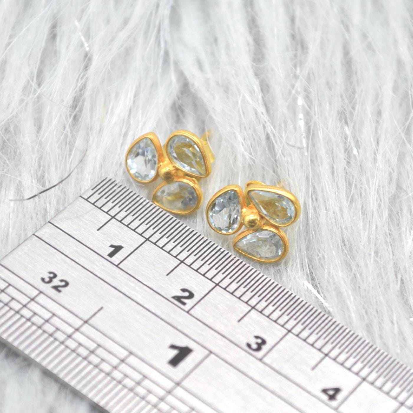Aquamarine Gold Stud Earrings: Sterling Silver, March Birthstone