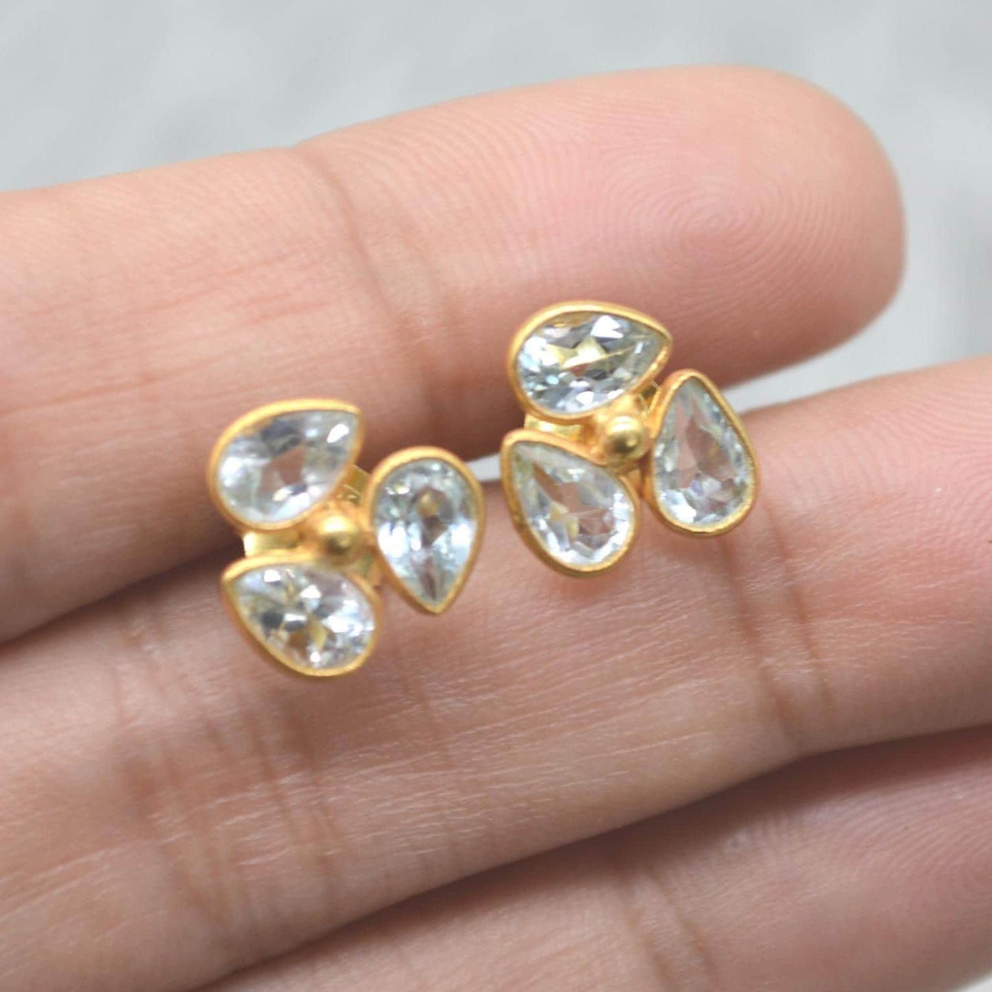 Aquamarine Gold Stud Earrings: Sterling Silver, March Birthstone