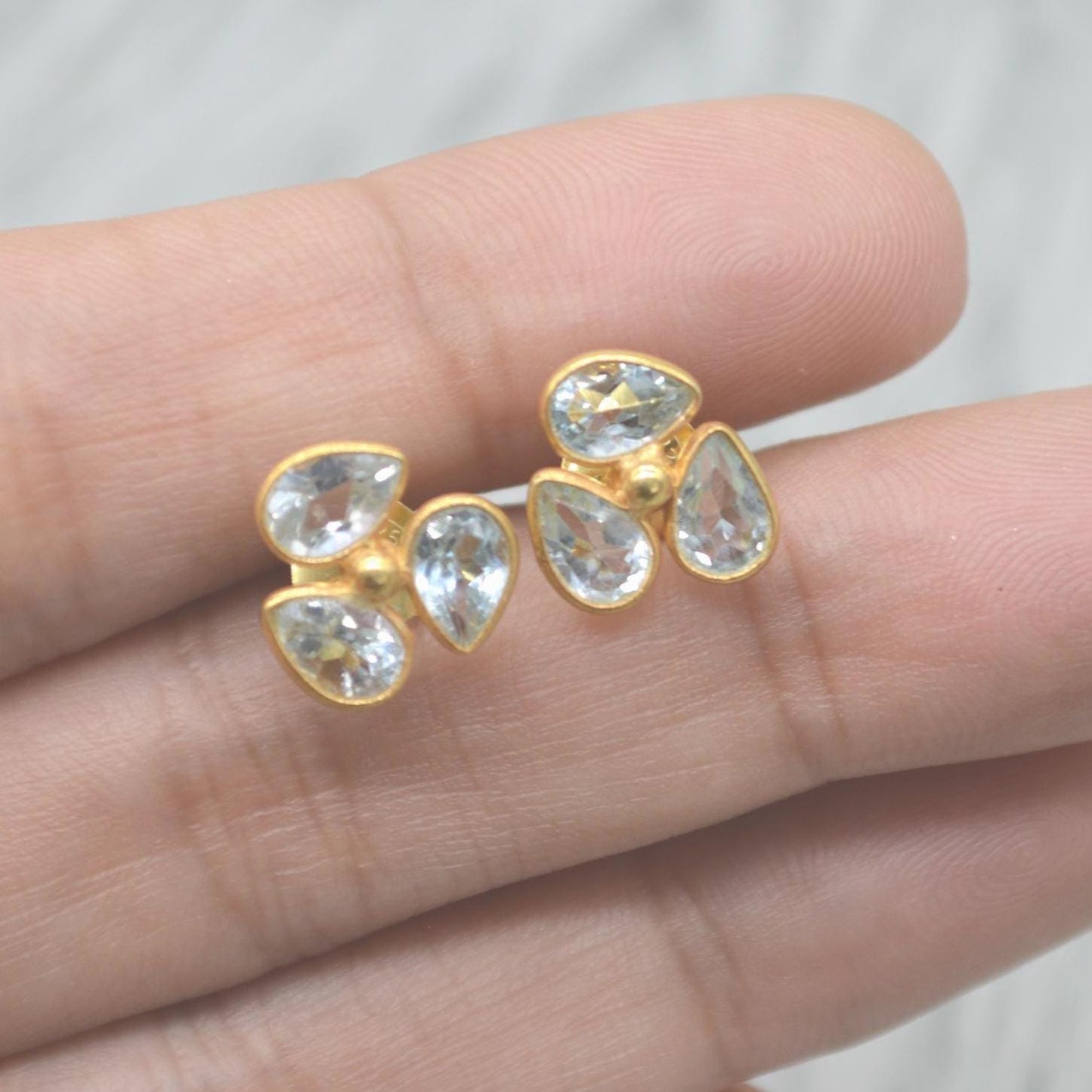 Aquamarine Gold Stud Earrings: Sterling Silver, March Birthstone