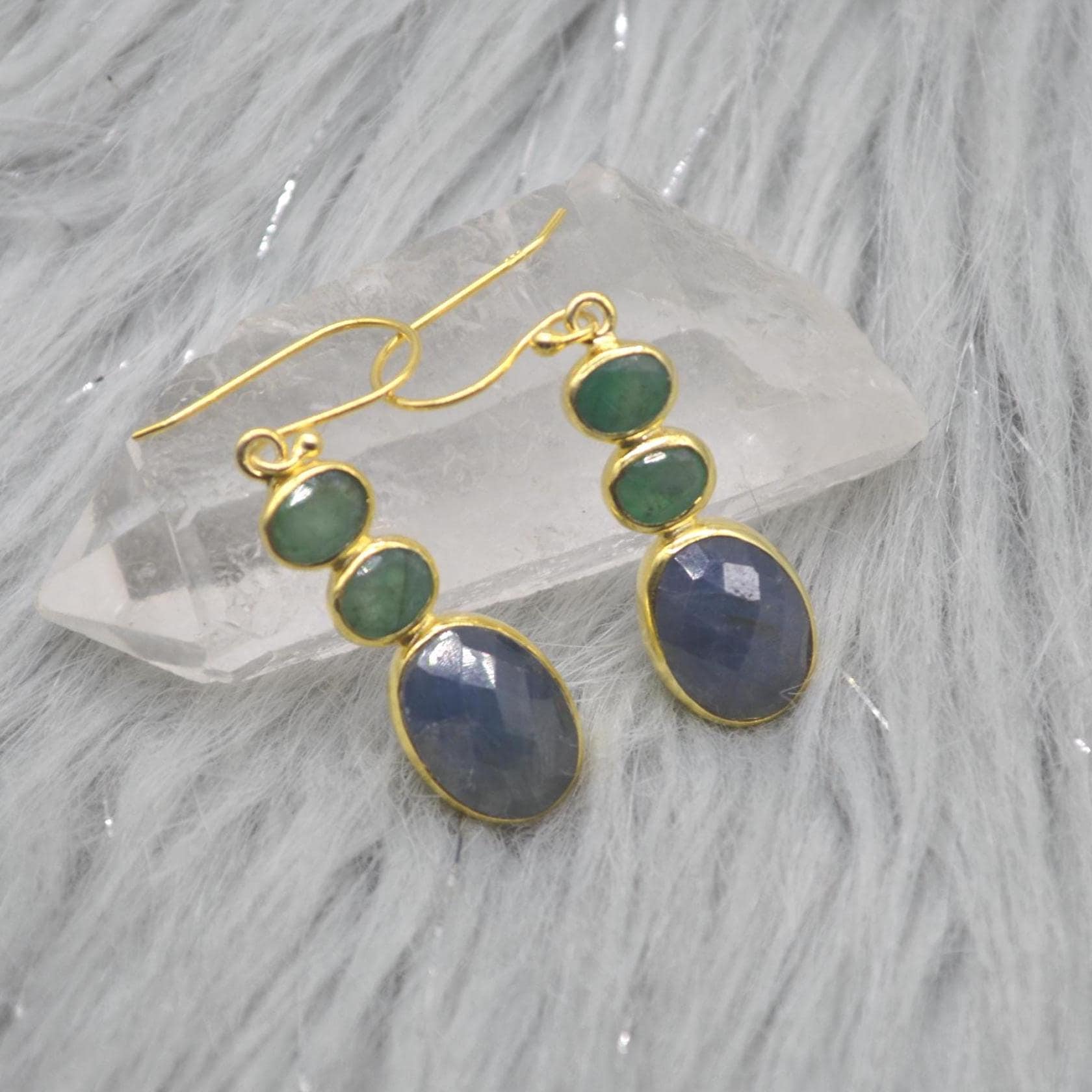 Sapphire Emerald Gold Earrings: Sterling Silver Dangle Drop, May September Birthstone