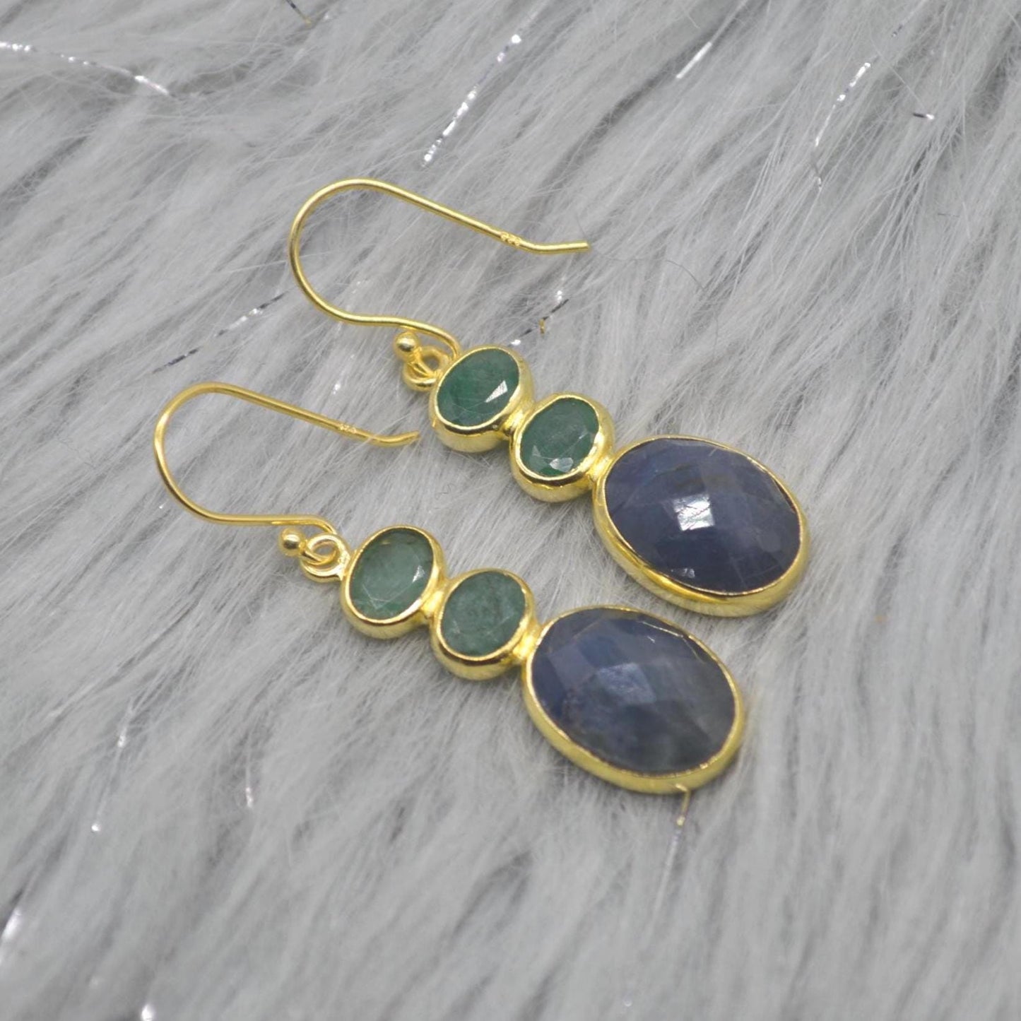 Sapphire Emerald Gold Earrings: Sterling Silver Dangle Drop, May September Birthstone