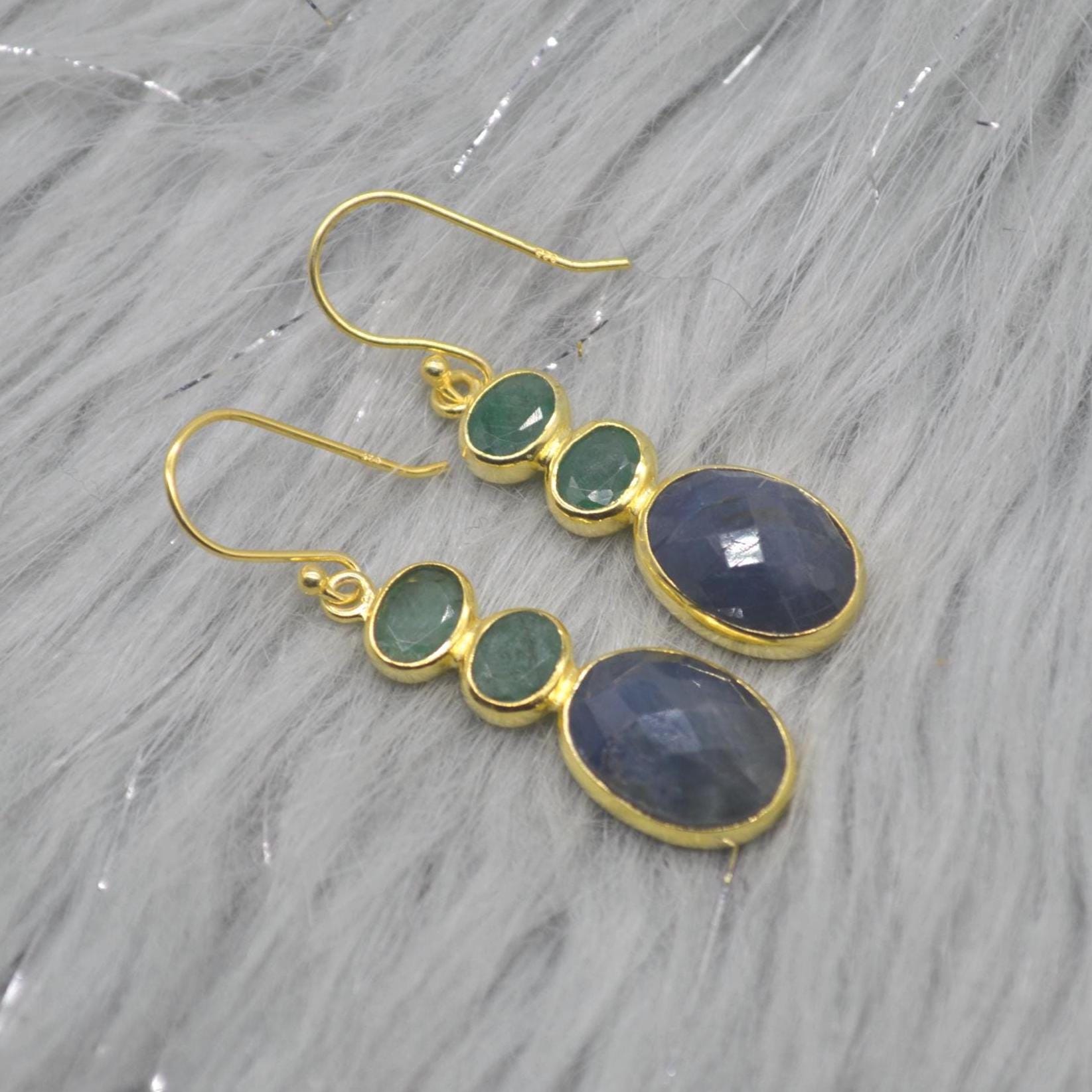 Sapphire Emerald Gold Earrings: Sterling Silver Dangle Drop, May September Birthstone