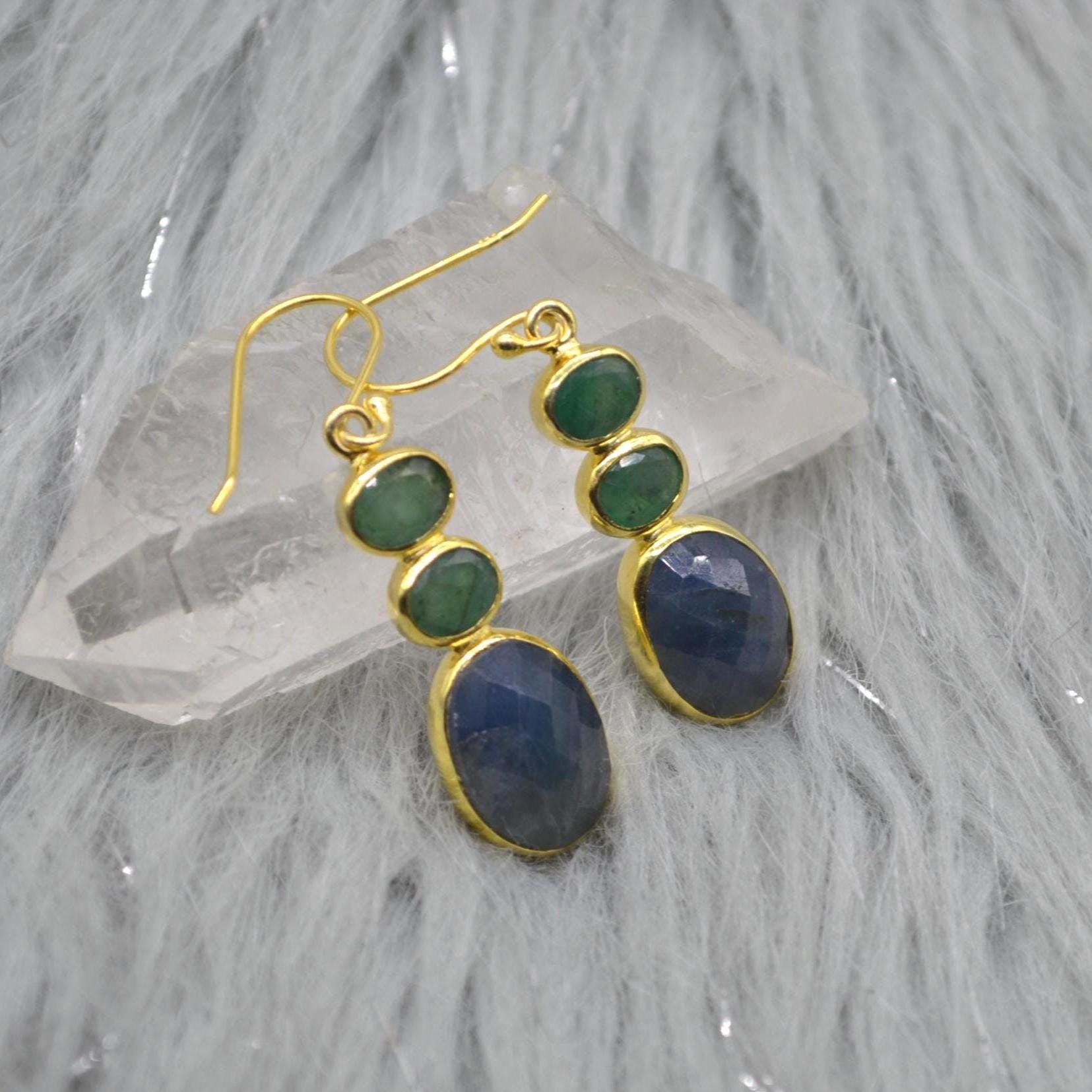 Sapphire Emerald Gold Earrings: Sterling Silver Dangle Drop, May September Birthstone