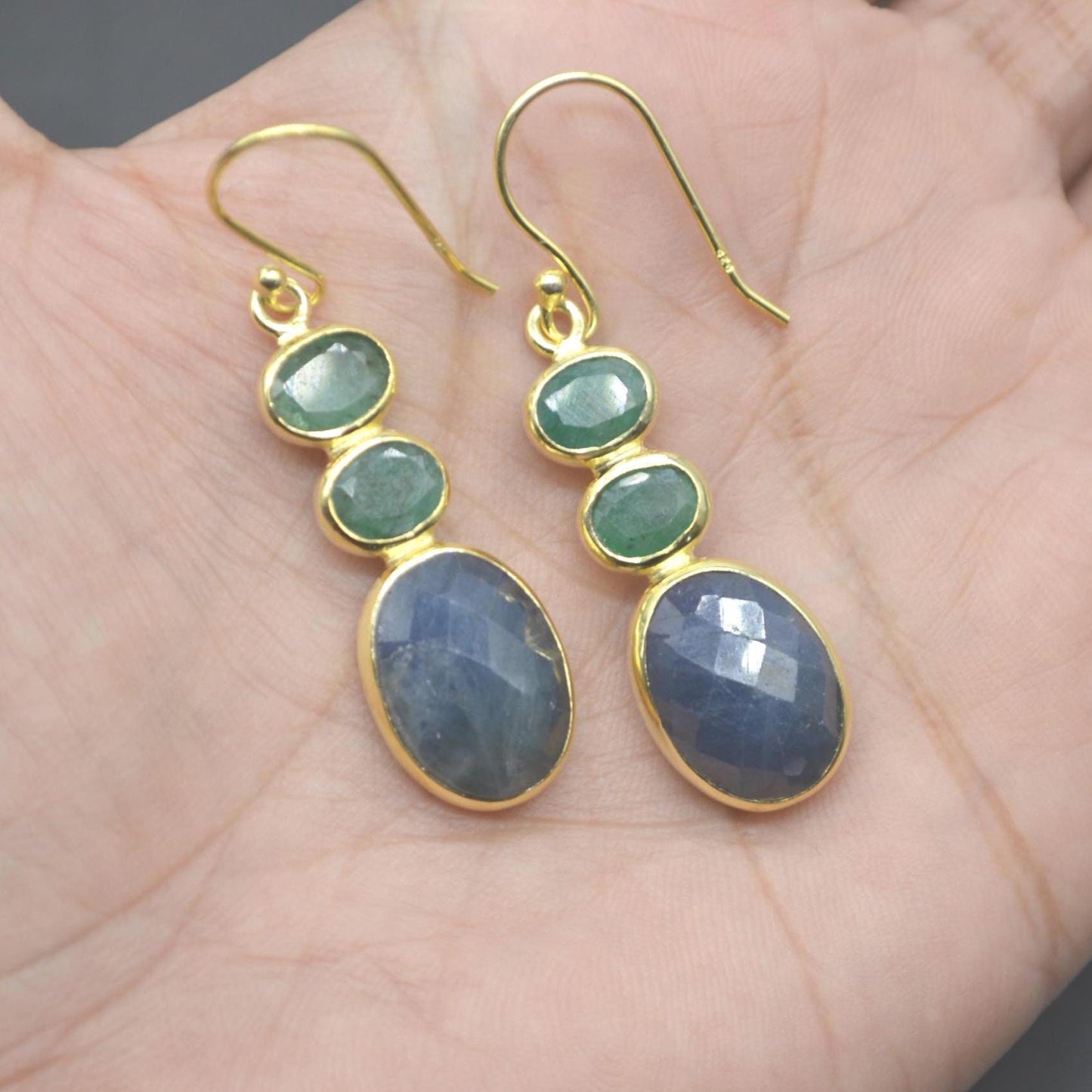 Sapphire Emerald Gold Earrings: Sterling Silver Dangle Drop, May September Birthstone