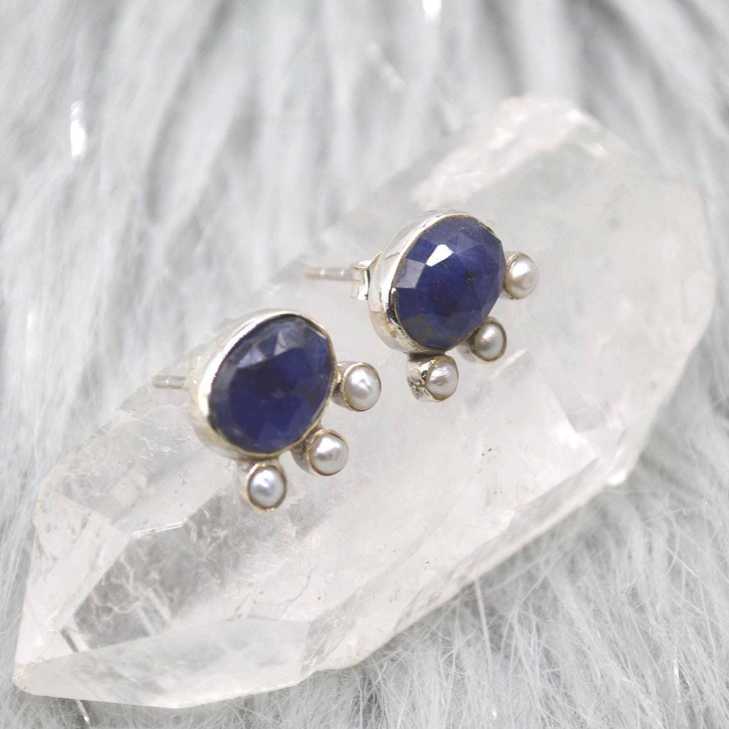 Blue Sapphire Pearl Stud Earrings: Sterling Silver Gemstone Jewelry, September June Birthstone