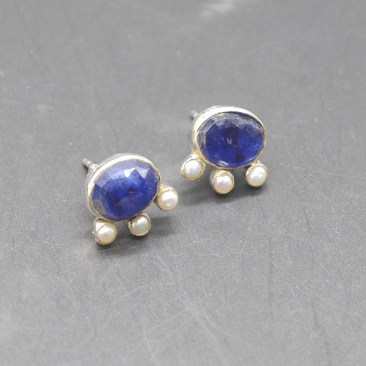 Blue Sapphire Pearl Stud Earrings: Sterling Silver Gemstone Jewelry, September June Birthstone