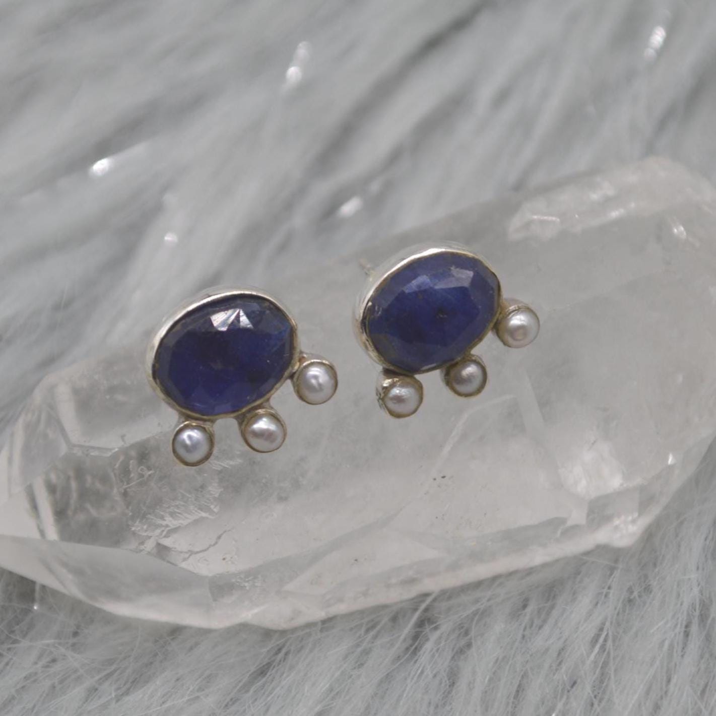 Blue Sapphire Pearl Stud Earrings: Sterling Silver Gemstone Jewelry, September June Birthstone