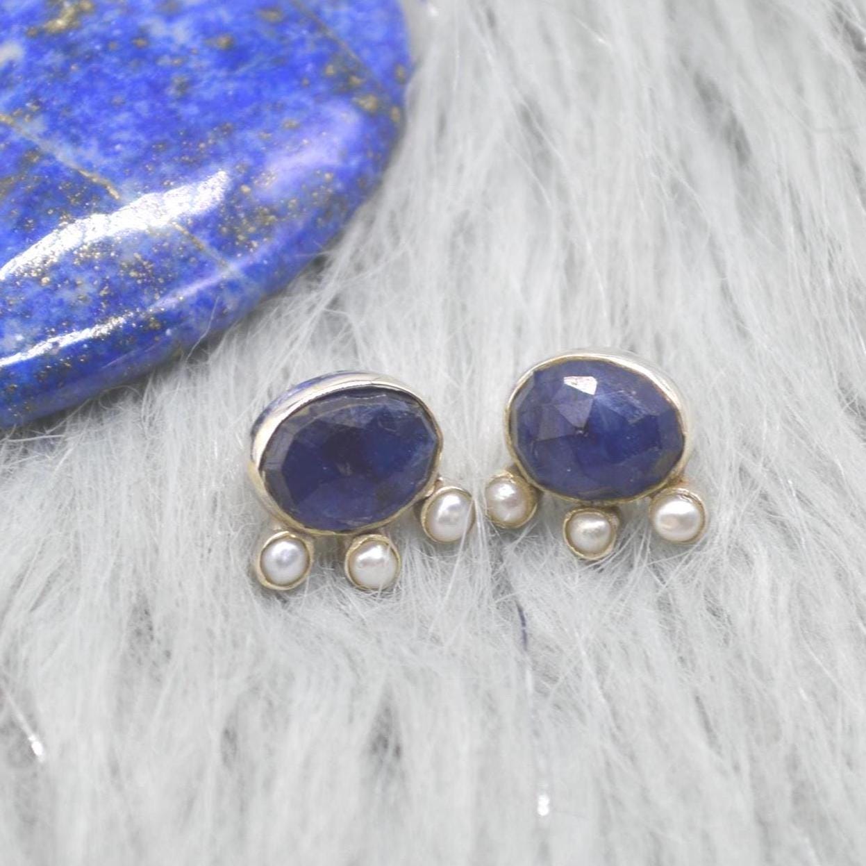 Blue Sapphire Pearl Stud Earrings: Sterling Silver Gemstone Jewelry, September June Birthstone