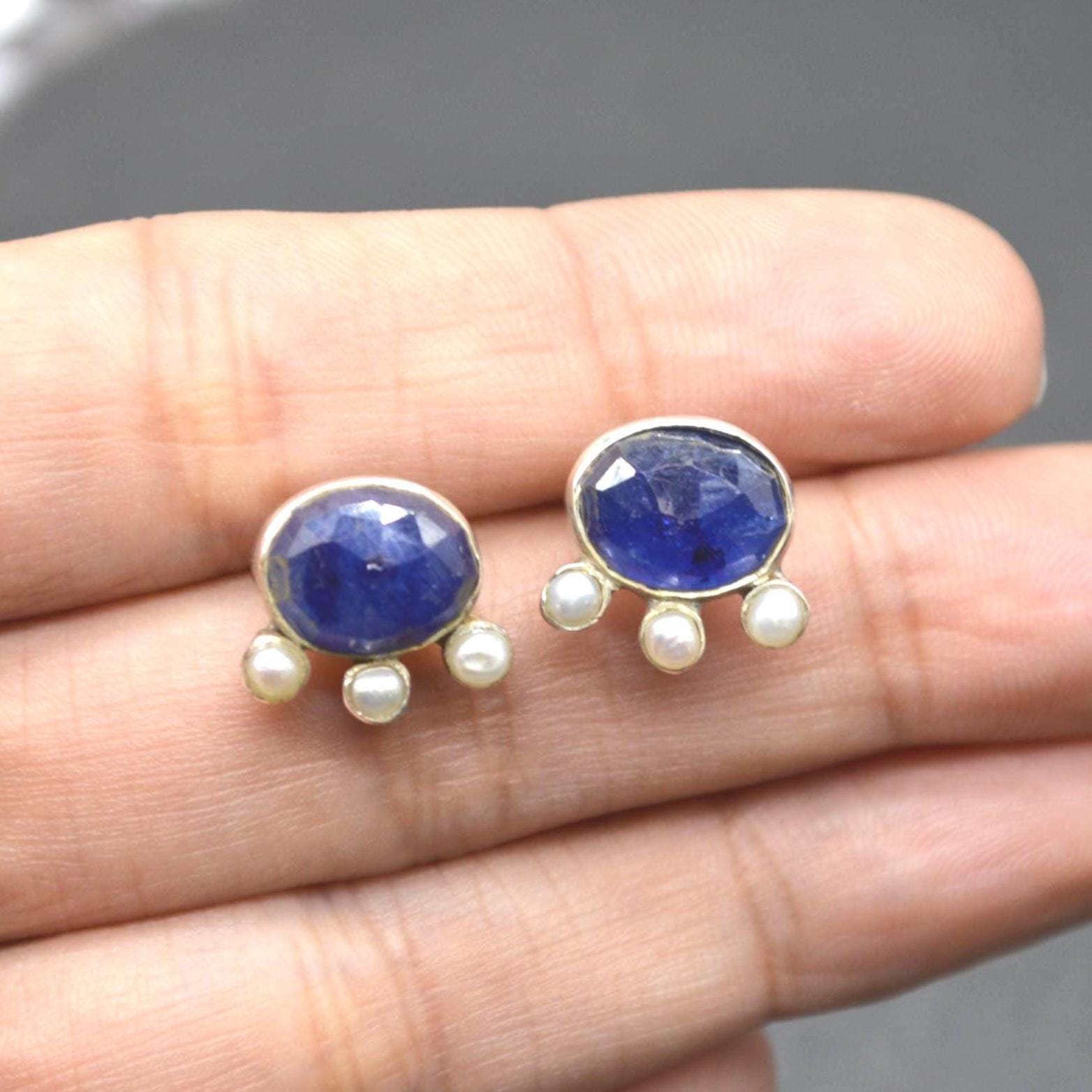 Blue Sapphire Pearl Stud Earrings: Sterling Silver Gemstone Jewelry, September June Birthstone