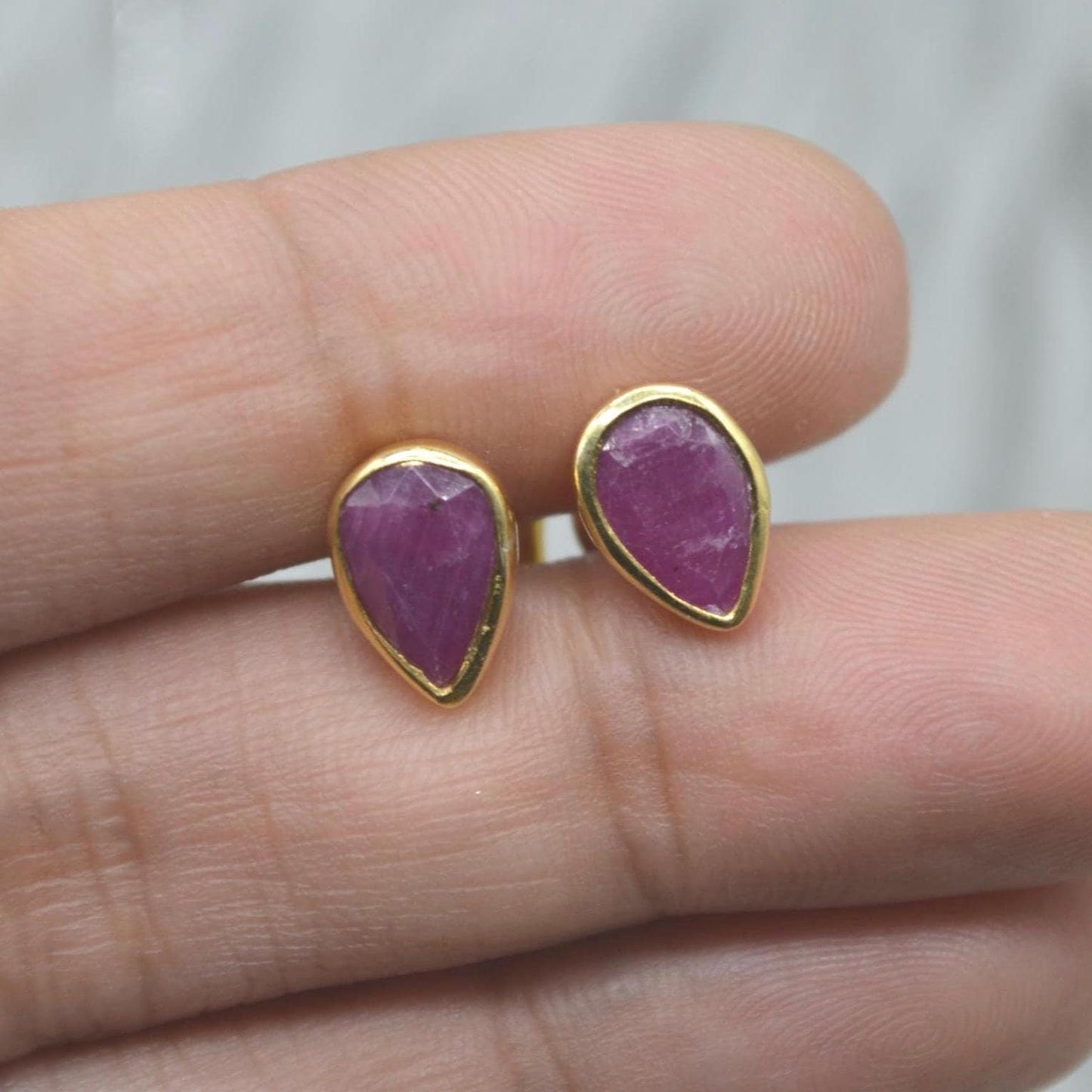 Red Ruby Gold Stud Earrings: Sterling Silver, Minimalist July Birthstone Jewelry
