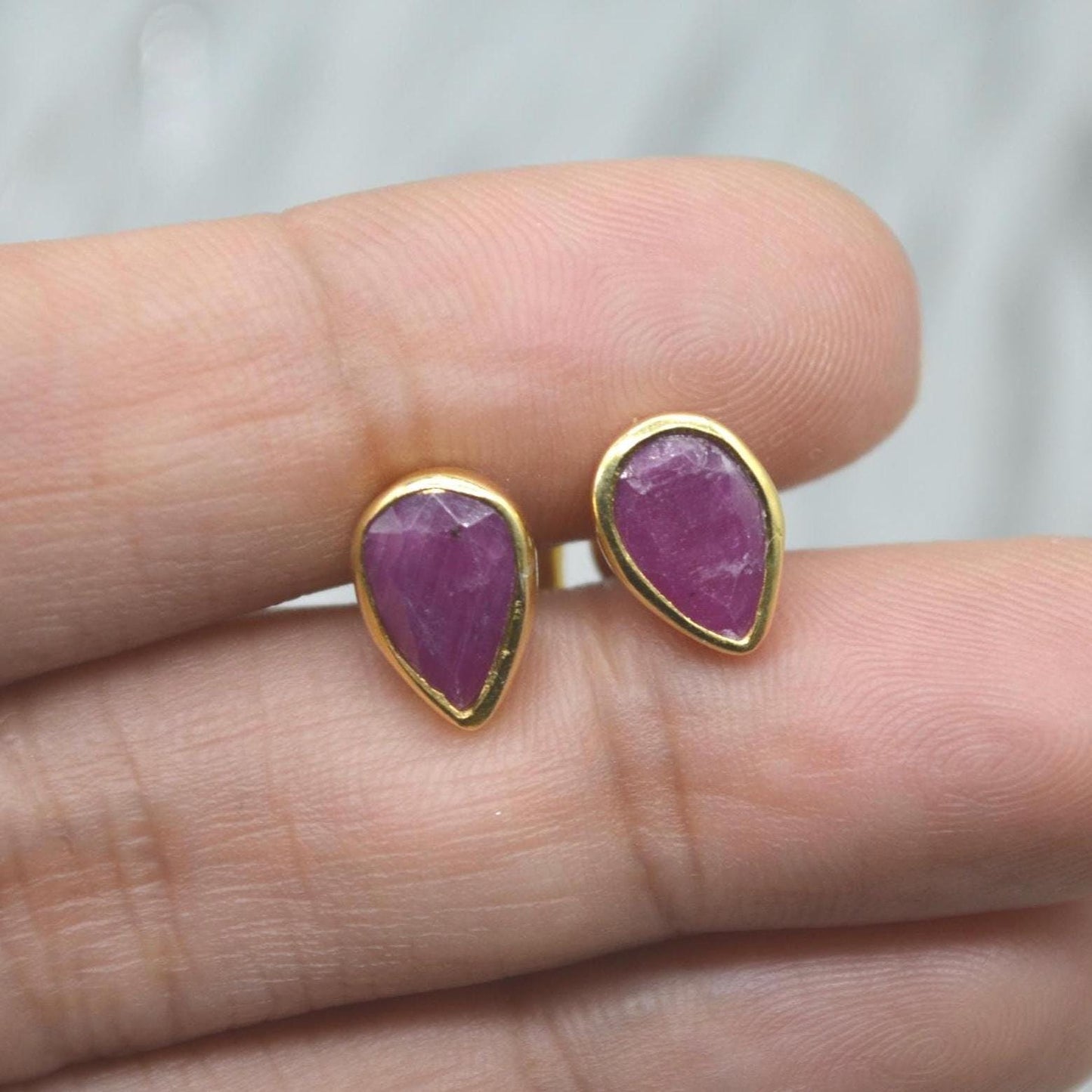 Red Ruby Gold Stud Earrings: Sterling Silver, Minimalist July Birthstone Jewelry