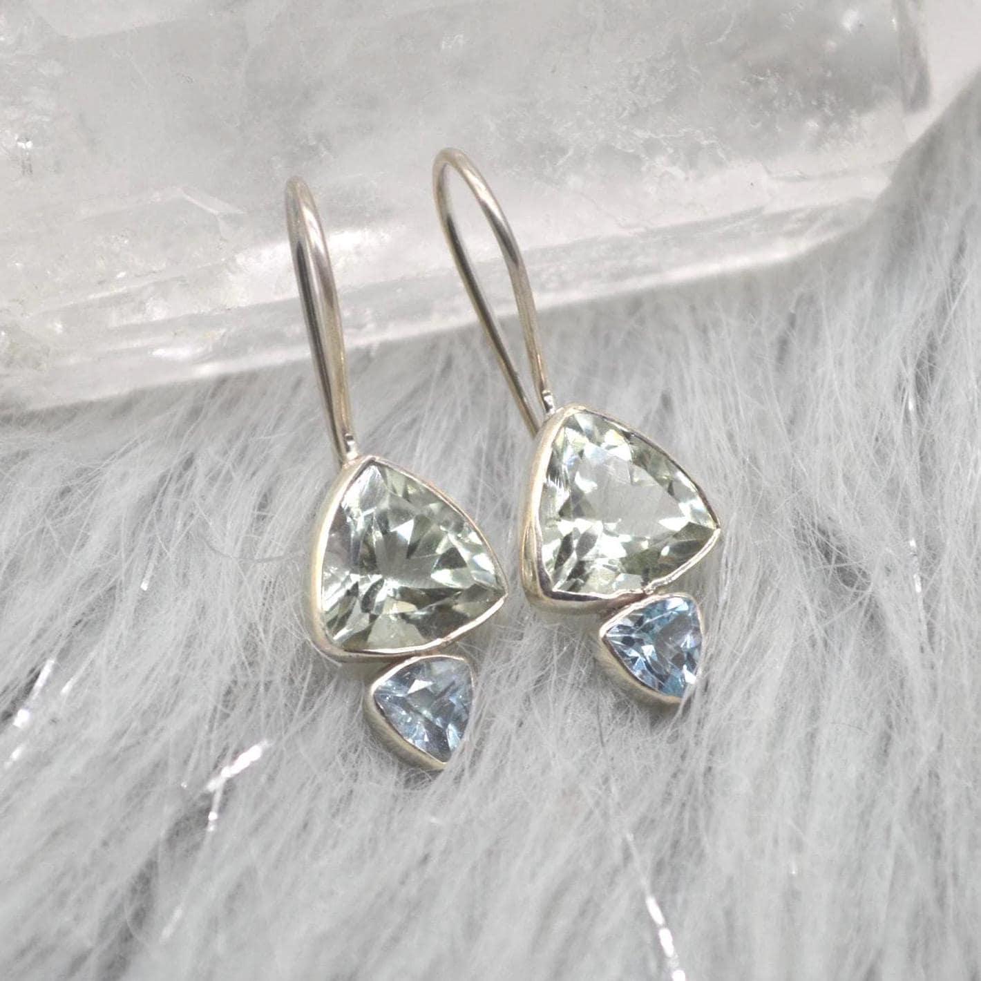 Green Amethyst, Blue Topaz Earrings: Sterling Silver Dangle Drop, February, December Birthstone